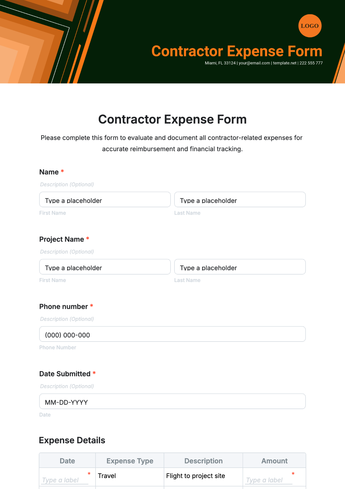 Contractor Expense Form Template - Edit Online & Download