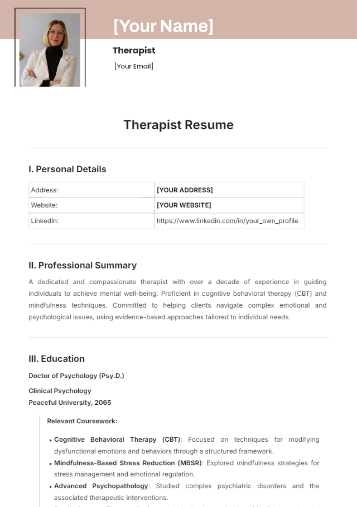 Therapist Resume Template - Edit Online & Download