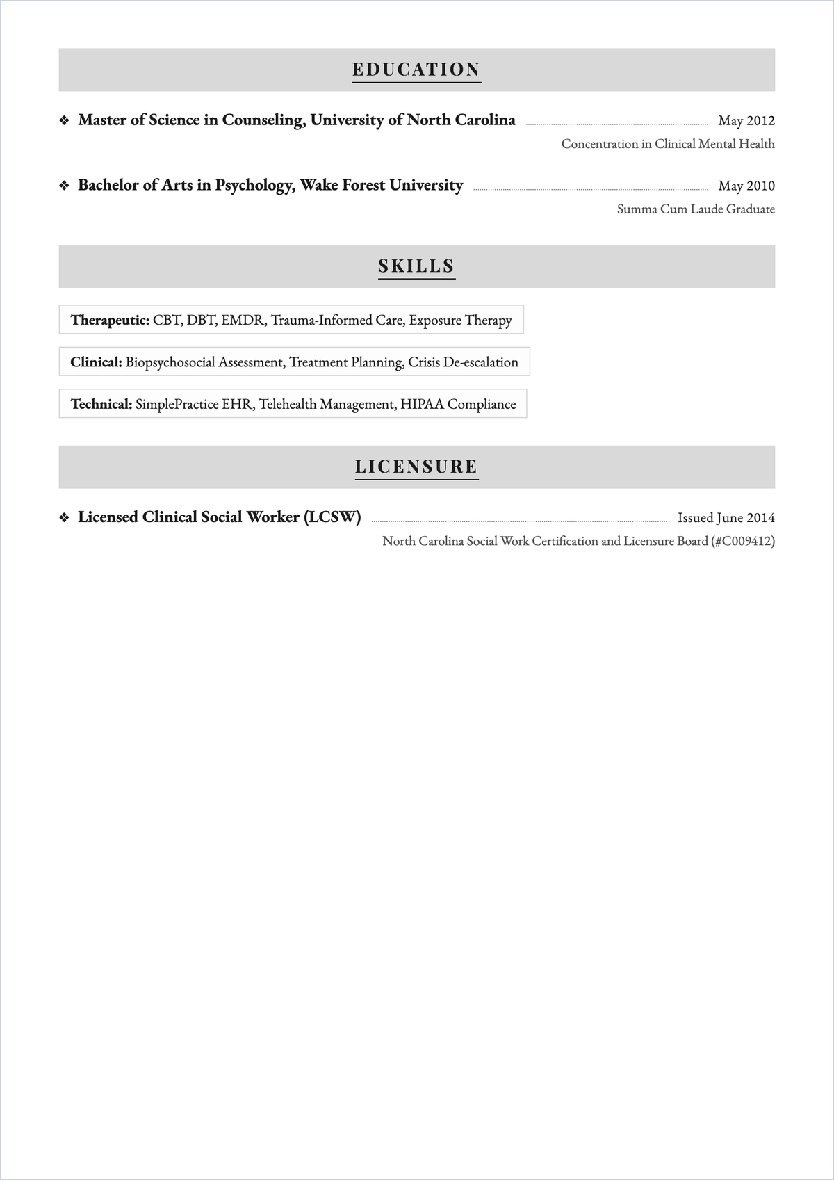 Free Mental Health Therapist ATS Resume Template, AI Resume Builder