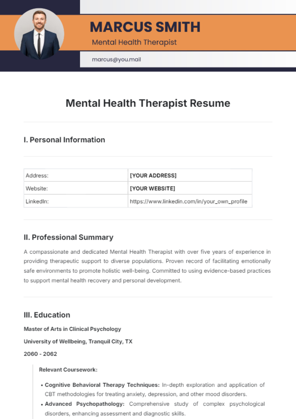 Mental Health Therapist Resume Template - Edit Online & Download