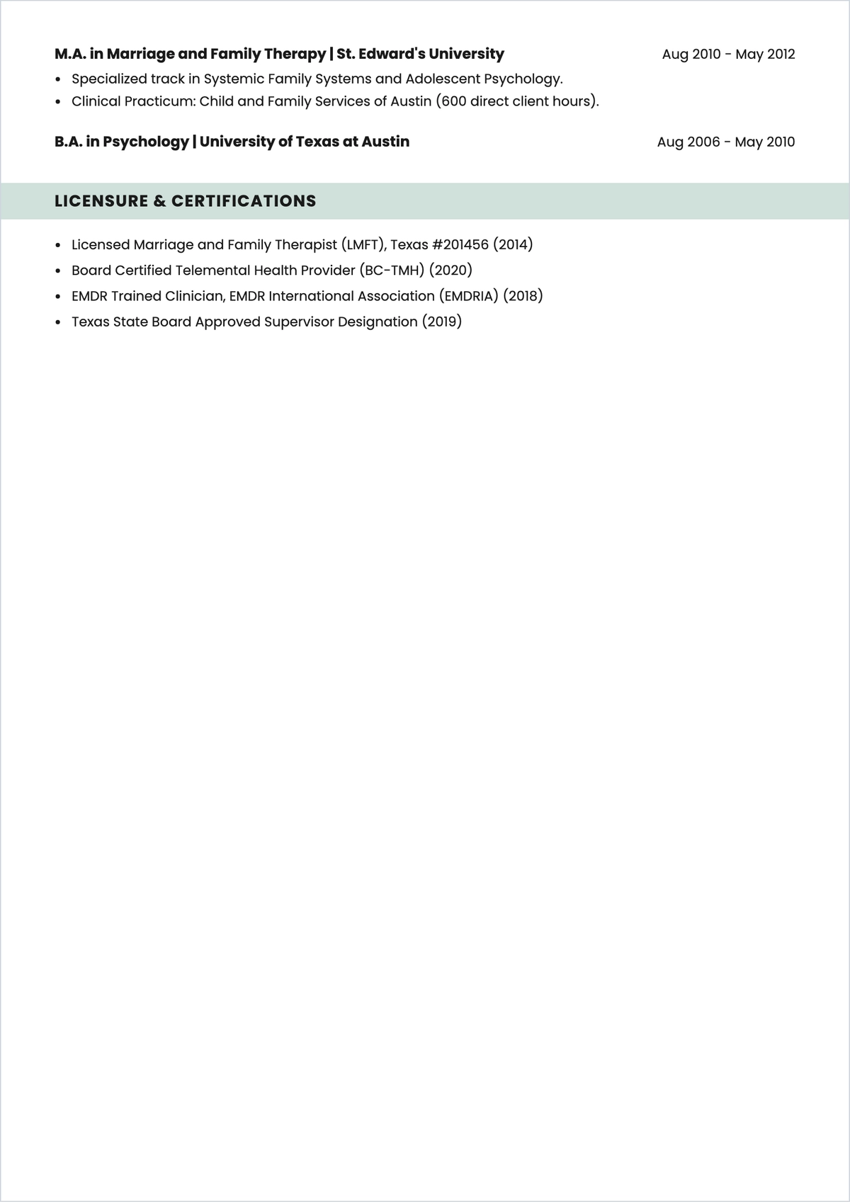 Free Sample Licensed Therapist ATS Resume Template, AI Resume Builder