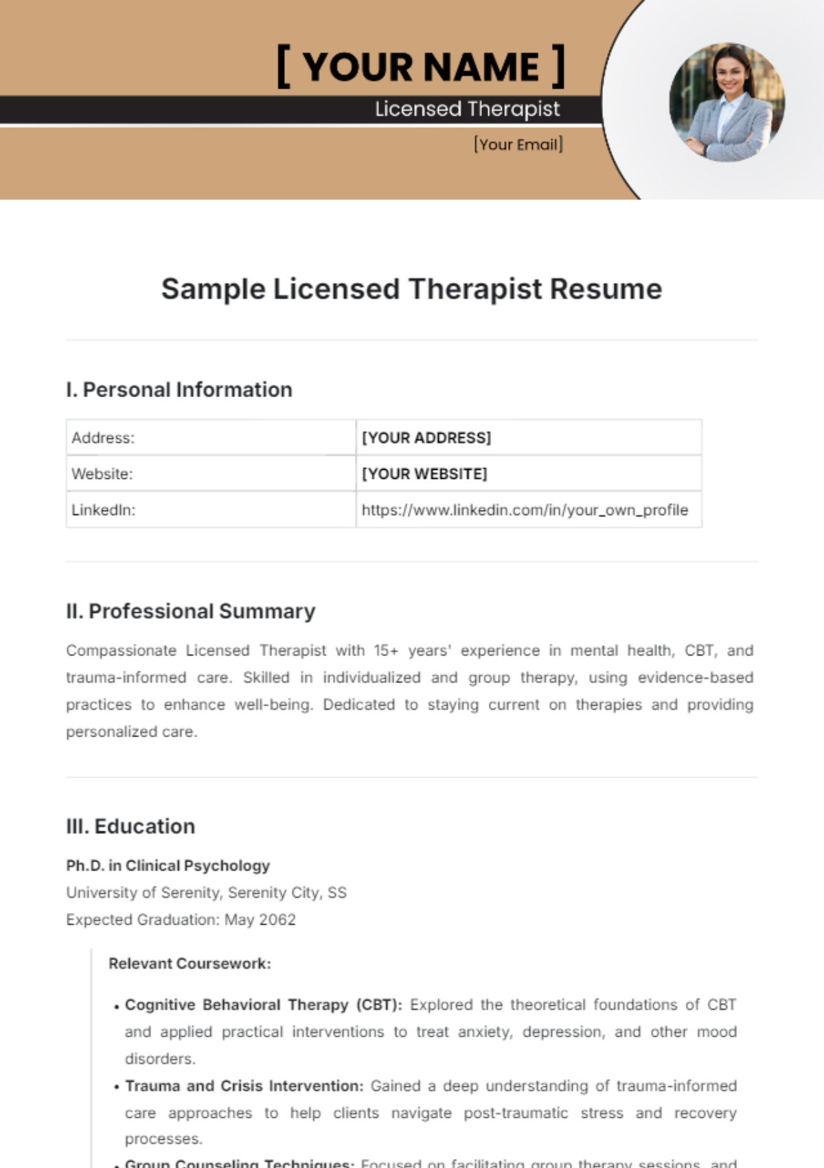 Free Sample Licensed Therapist Resume Template - Edit Online & Download ...