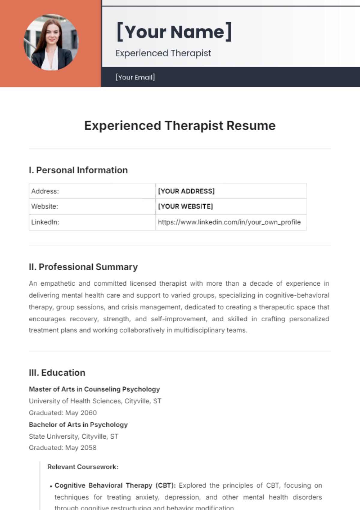 Experienced Therapist Resume Template - Edit Online & Download