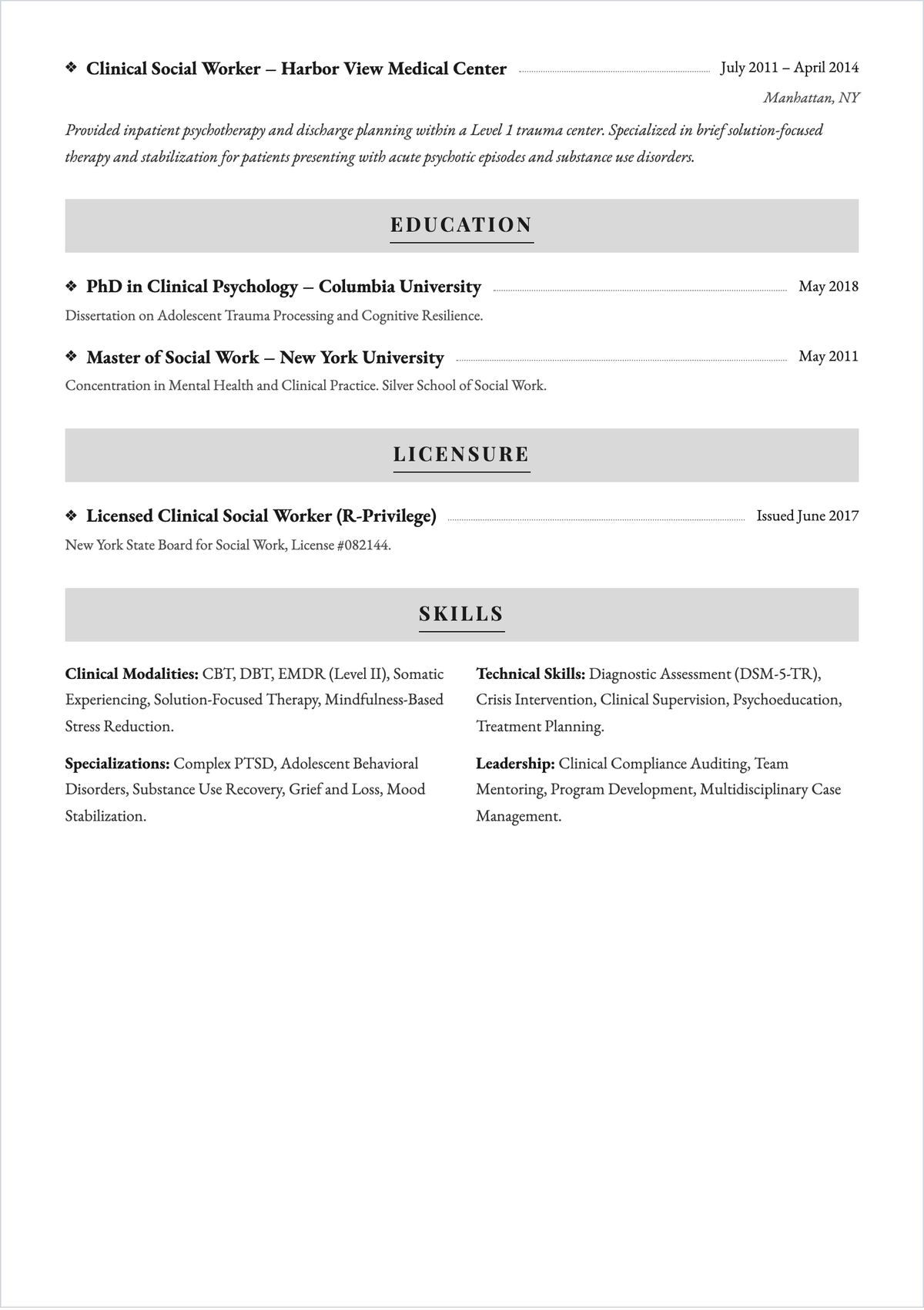 Free Experienced Therapist ATS Resume Template, AI Resume Builder