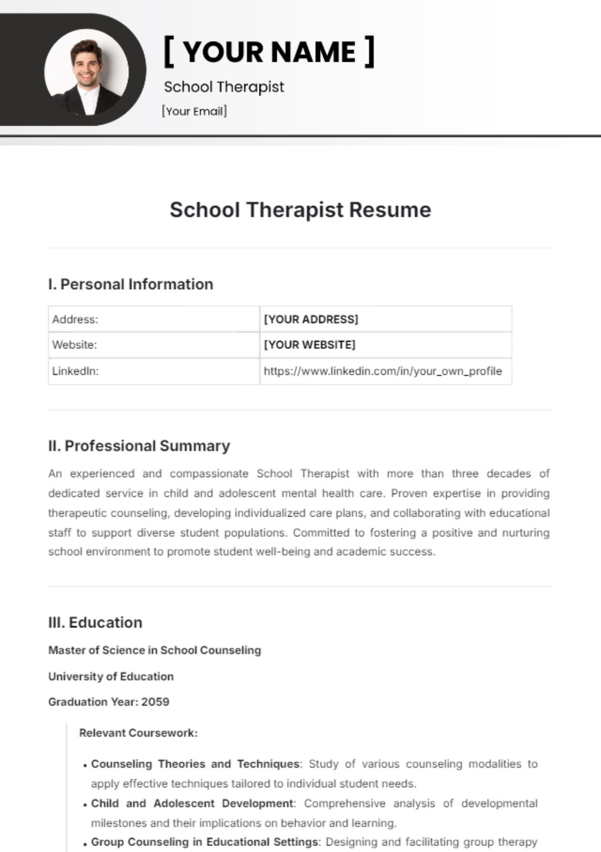 School Therapist Resume Template - Edit Online & Download