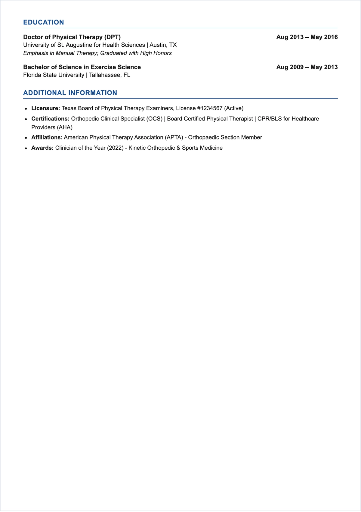Free Physical Therapist ATS Resume Template, AI Resume Builder