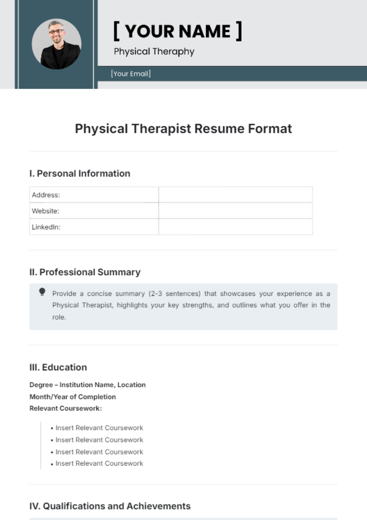 Physical Therapist Resume Format Template - Edit Online & Download