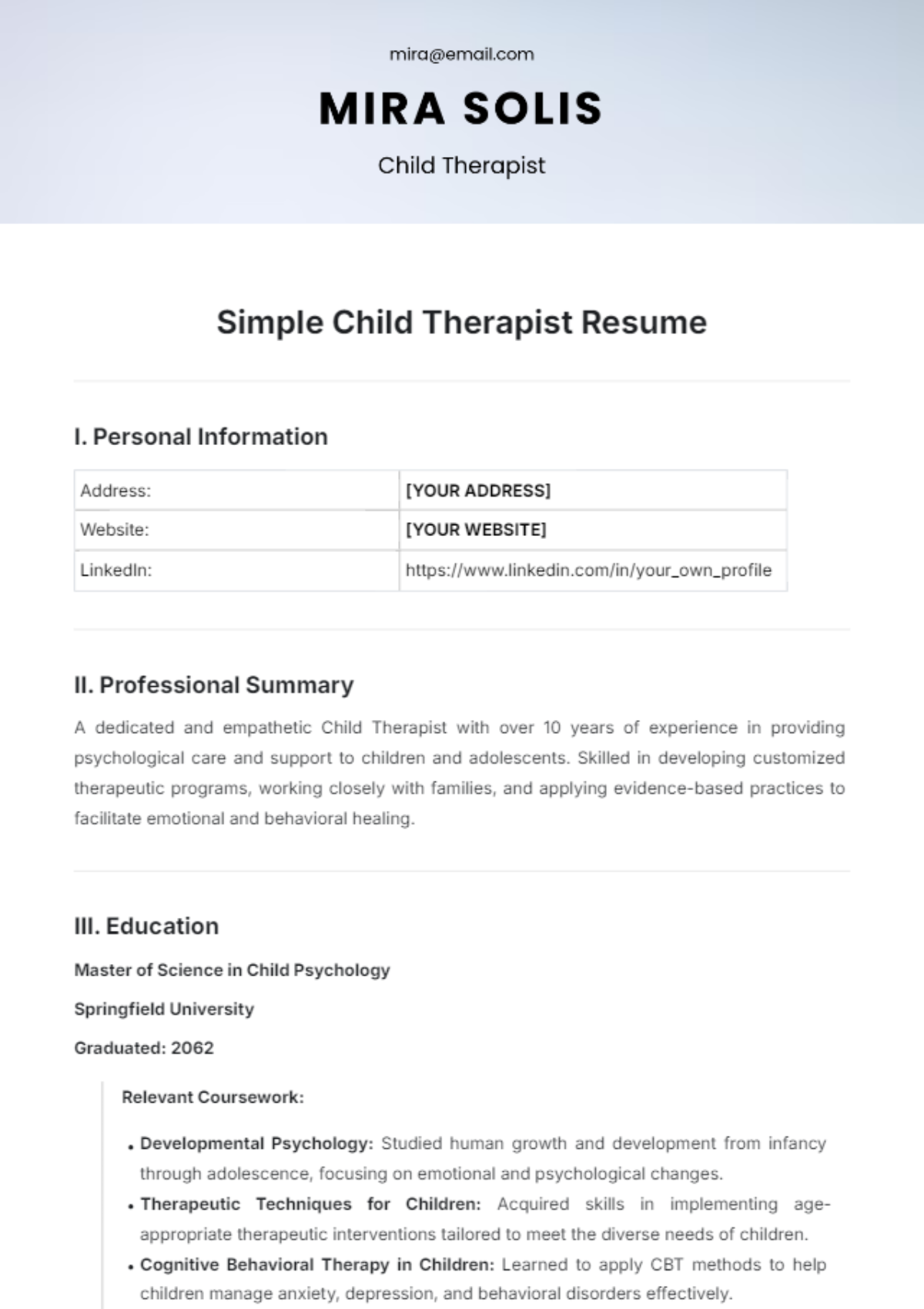 Simple Child Therapist Resume Template - Edit Online & Download