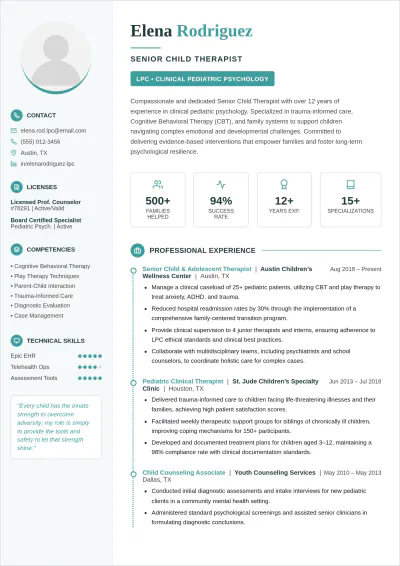 Free Simple Child Therapist ATS Resume Template, AI Resume Builder