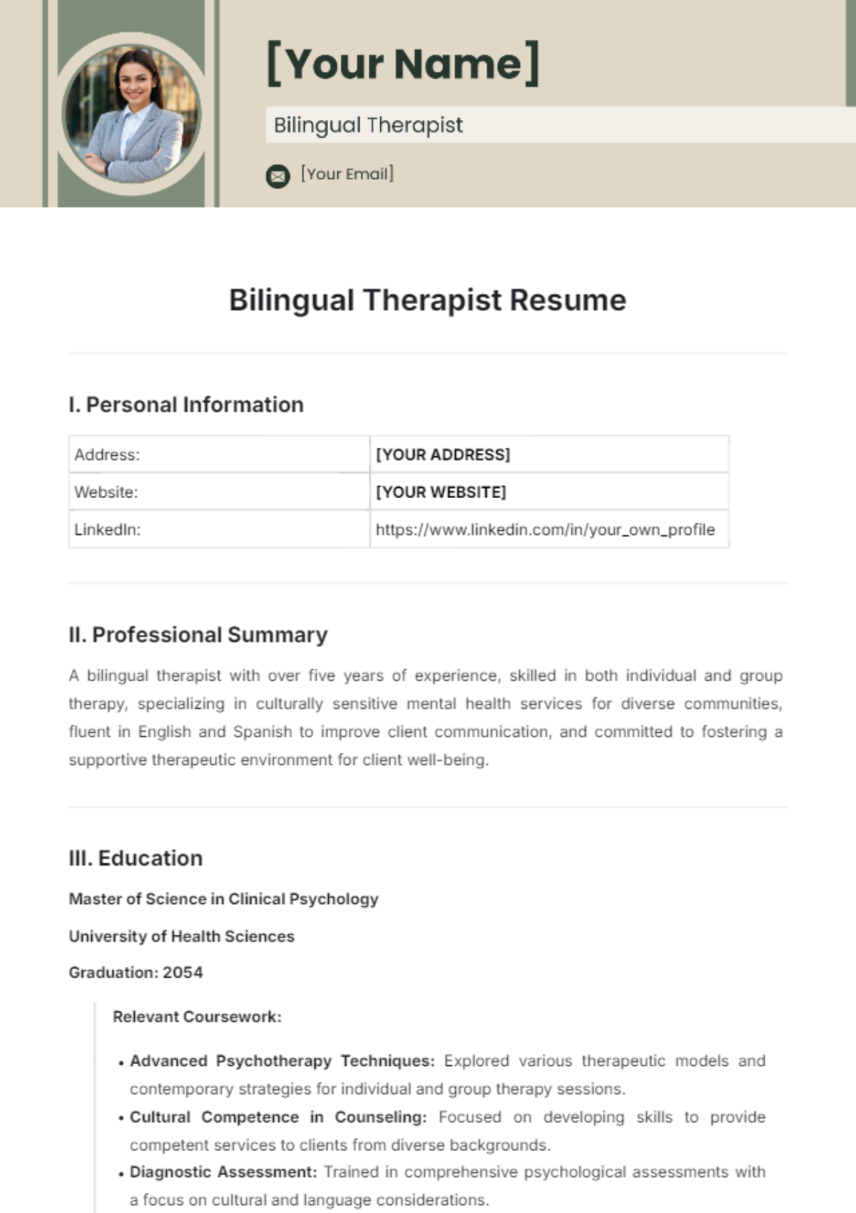 Bilingual Therapist Resume Template - Edit Online & Download