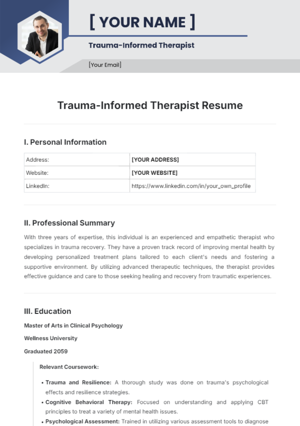 Trauma-Informed Therapist Resume Template - Edit Online & Download