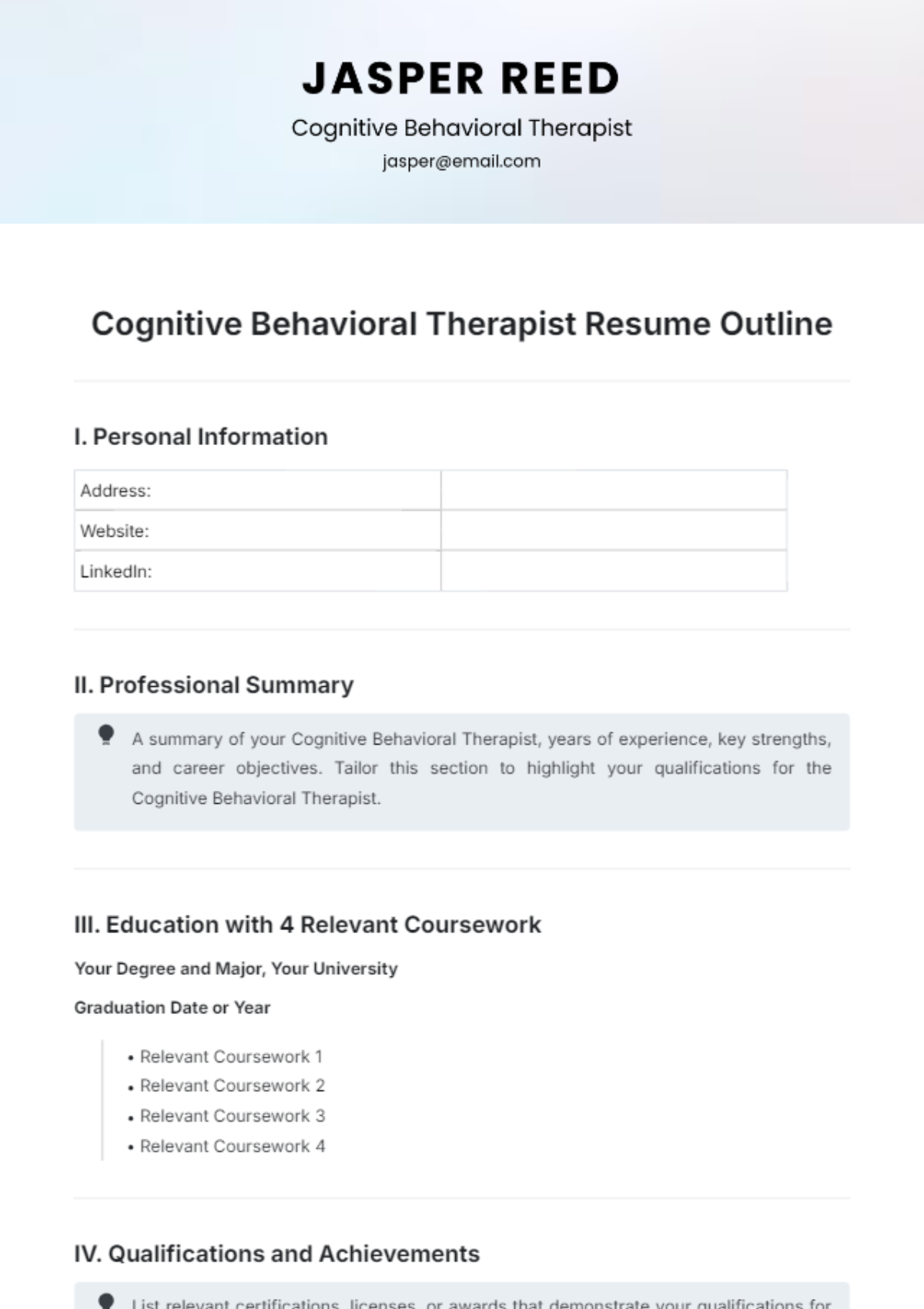 Cognitive Behavioral Therapist Resume Outline Template - Edit Online & Download