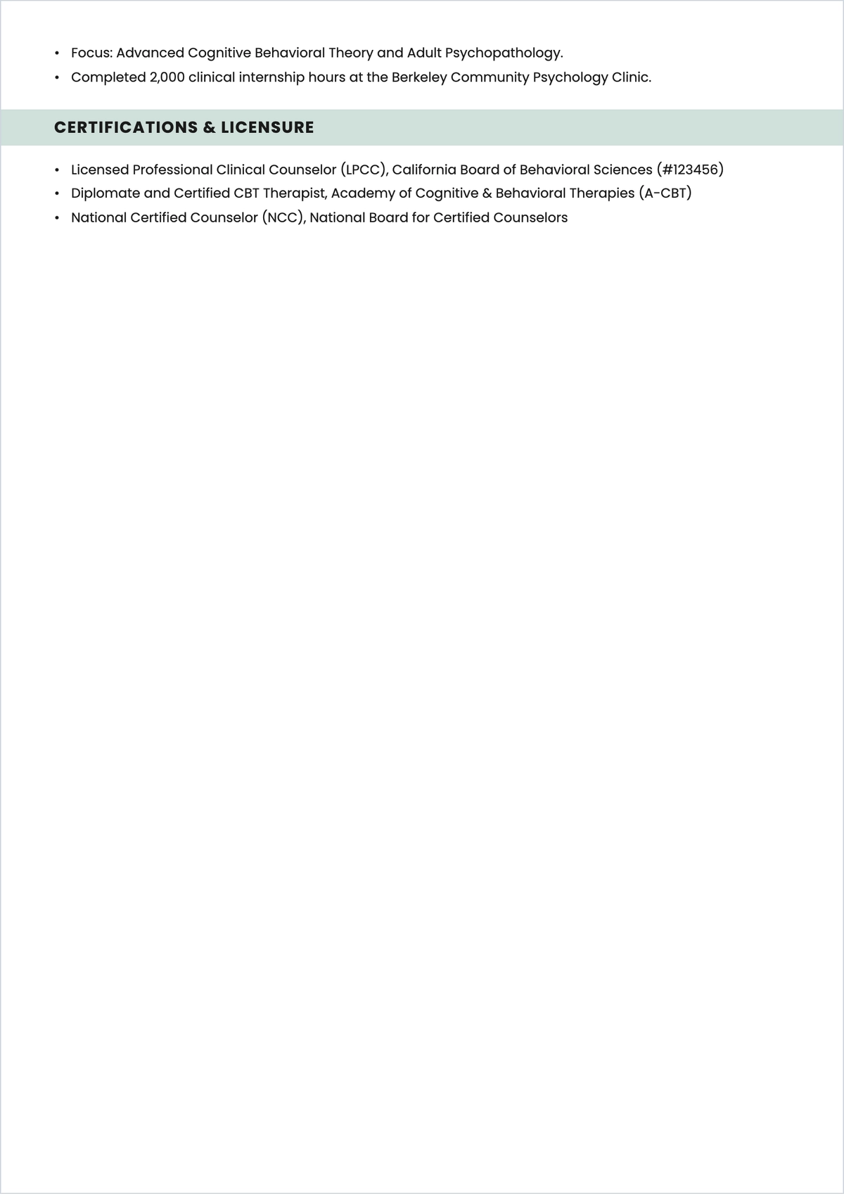 Free Cognitive Behavioral Therapist ATS Resume Outline Template