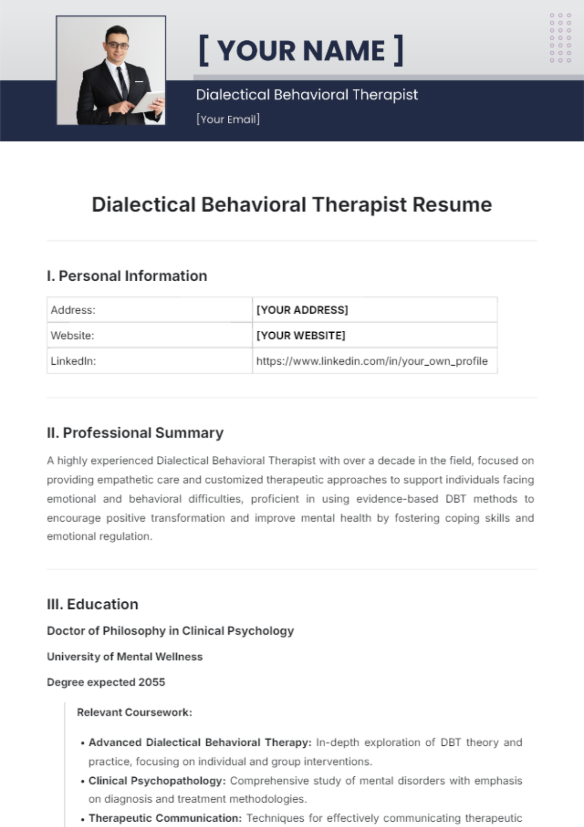 Dialectical Behavioral Therapist Resume Template - Edit Online & Download