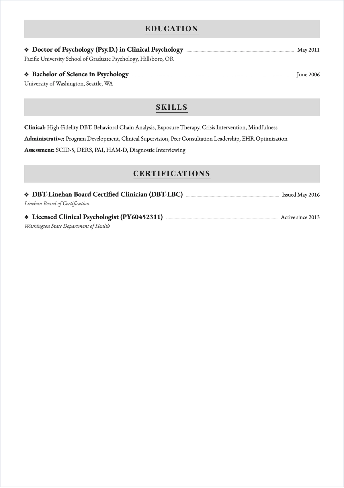 Free Dialectical Behavioral Therapist ATS Resume Template