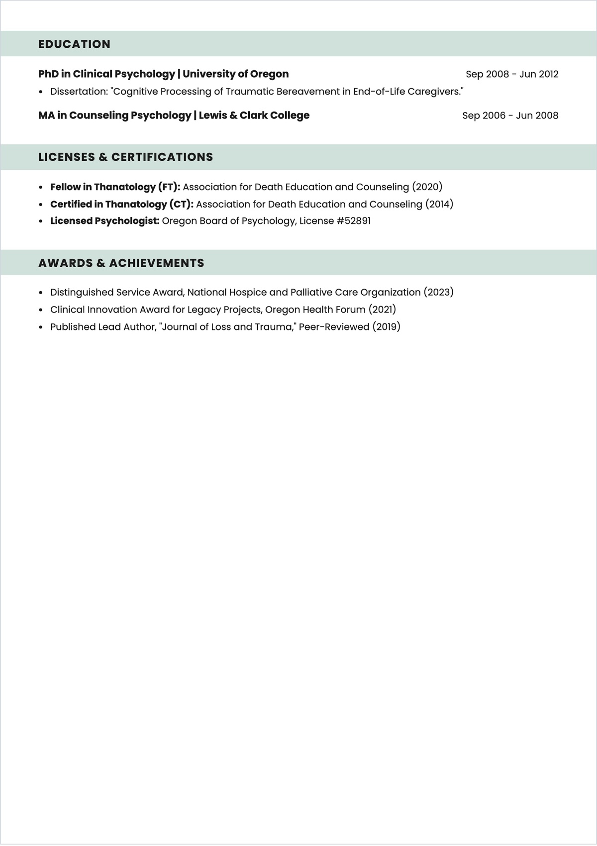Free Printable Grief Therapist ATS Resume Template, AI Resume Builder