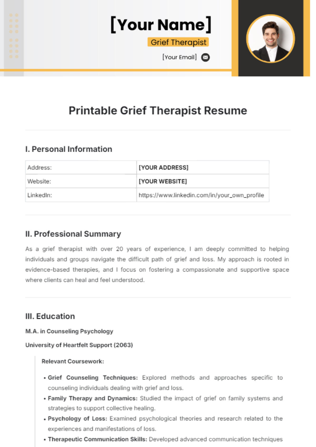 Printable Grief Therapist Resume Template - Edit Online & Download