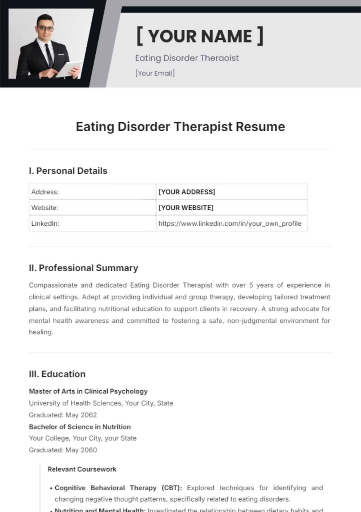 Eating Disorder Therapist Resume Template | Template.net