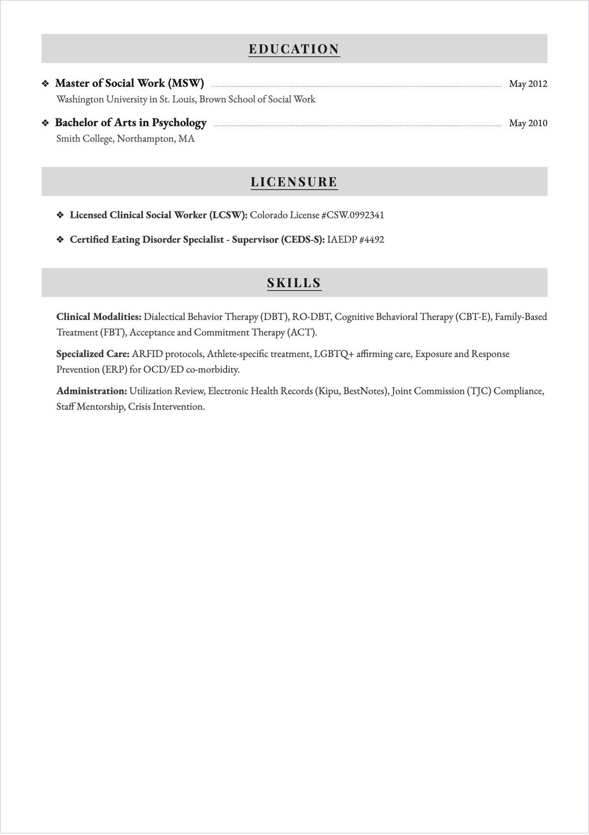 Free Eating Disorder Therapist ATS Resume Template, AI Resume Builder