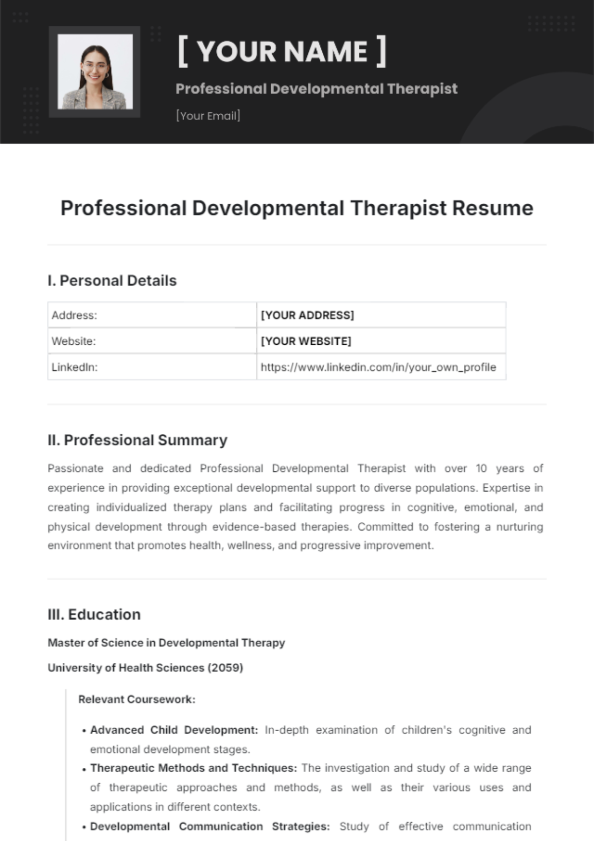 Professional Developmental Therapist Resume Template - Edit Online & Download