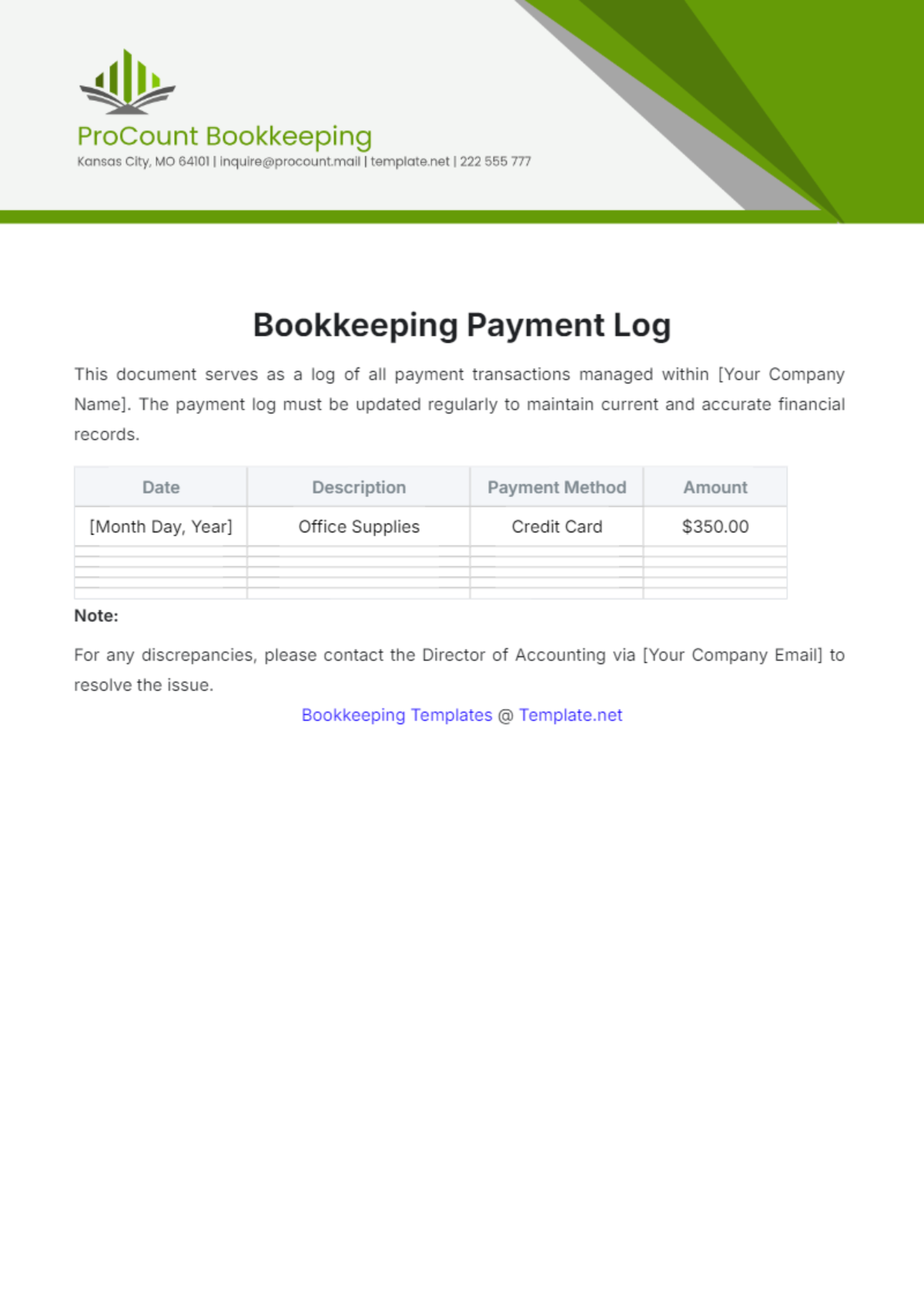 Bookkeeping Payment Log Template - Edit Online & Download