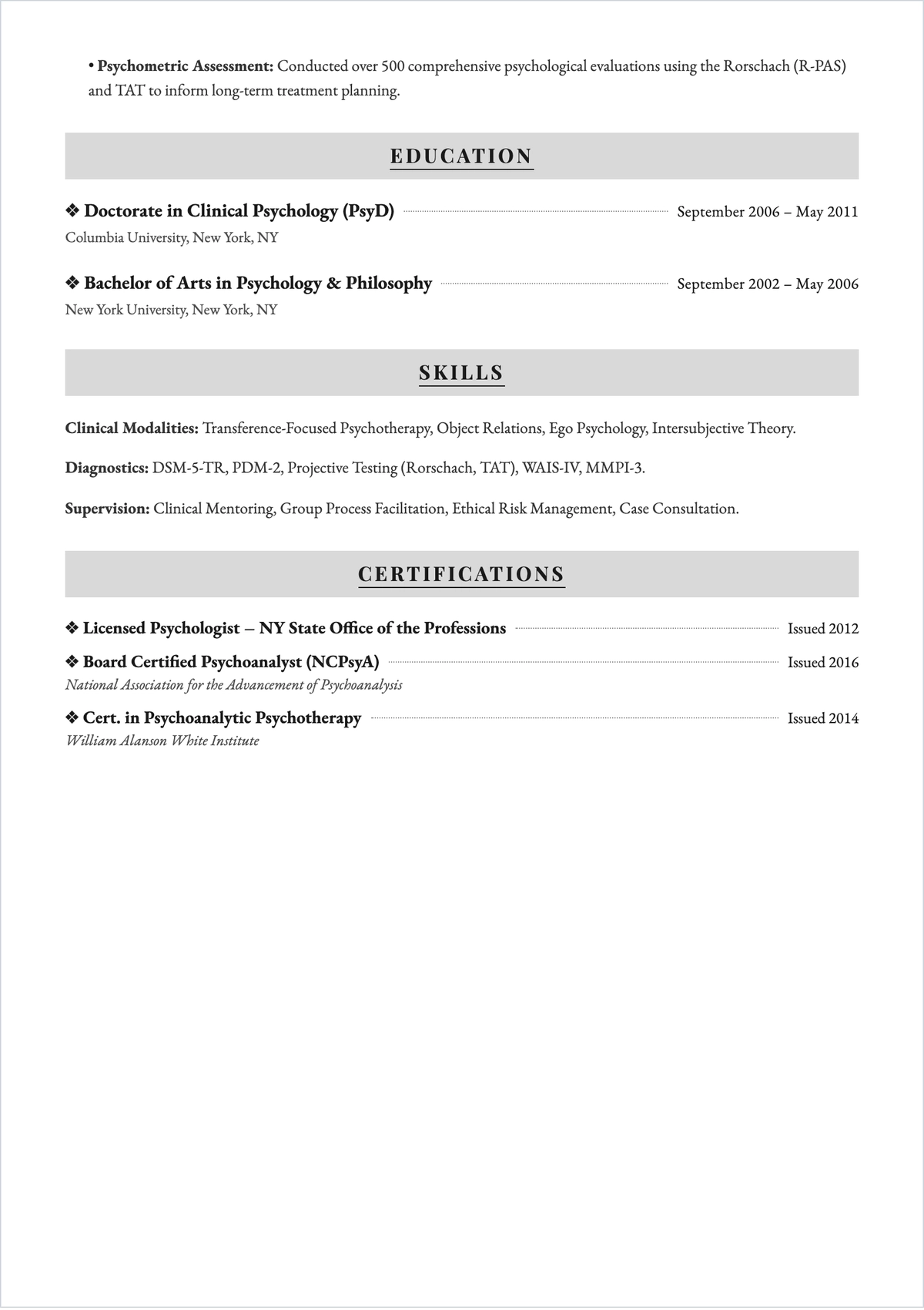 Free Psychodynamic Therapist ATS Resume Template, AI Resume Builder