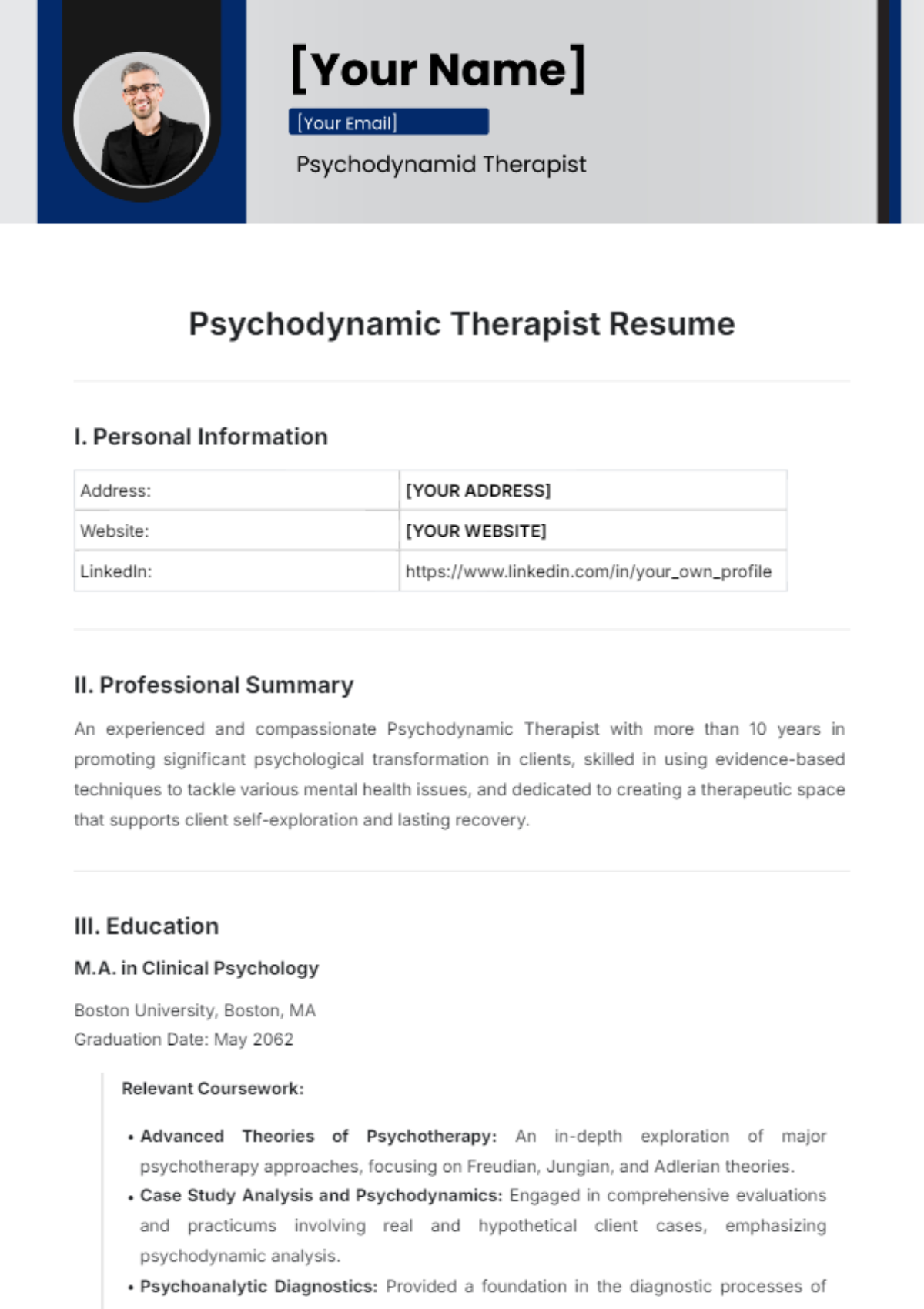 Psychodynamic Therapist Resume Template - Edit Online & Download