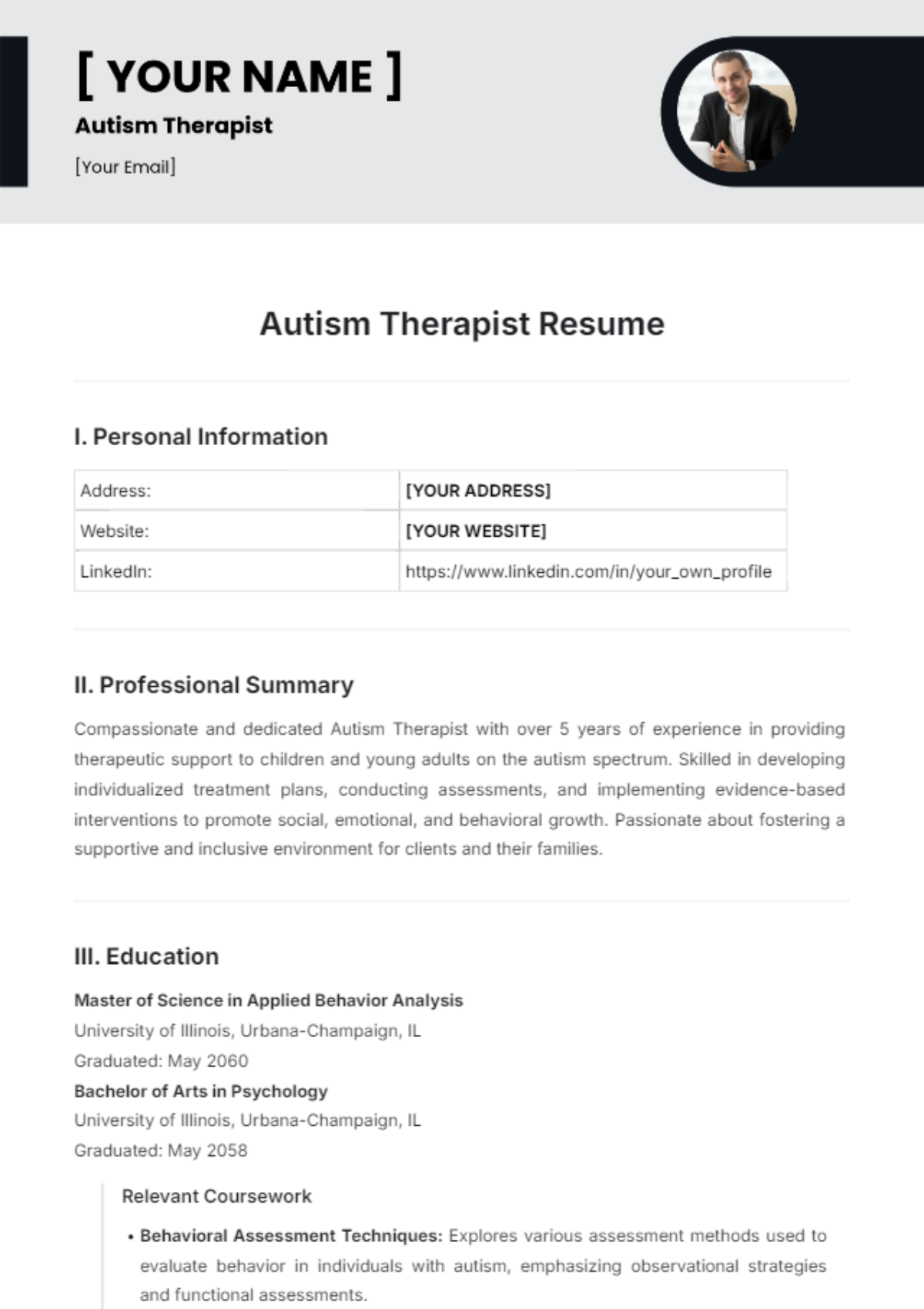 Autism Therapist Resume Template - Edit Online & Download