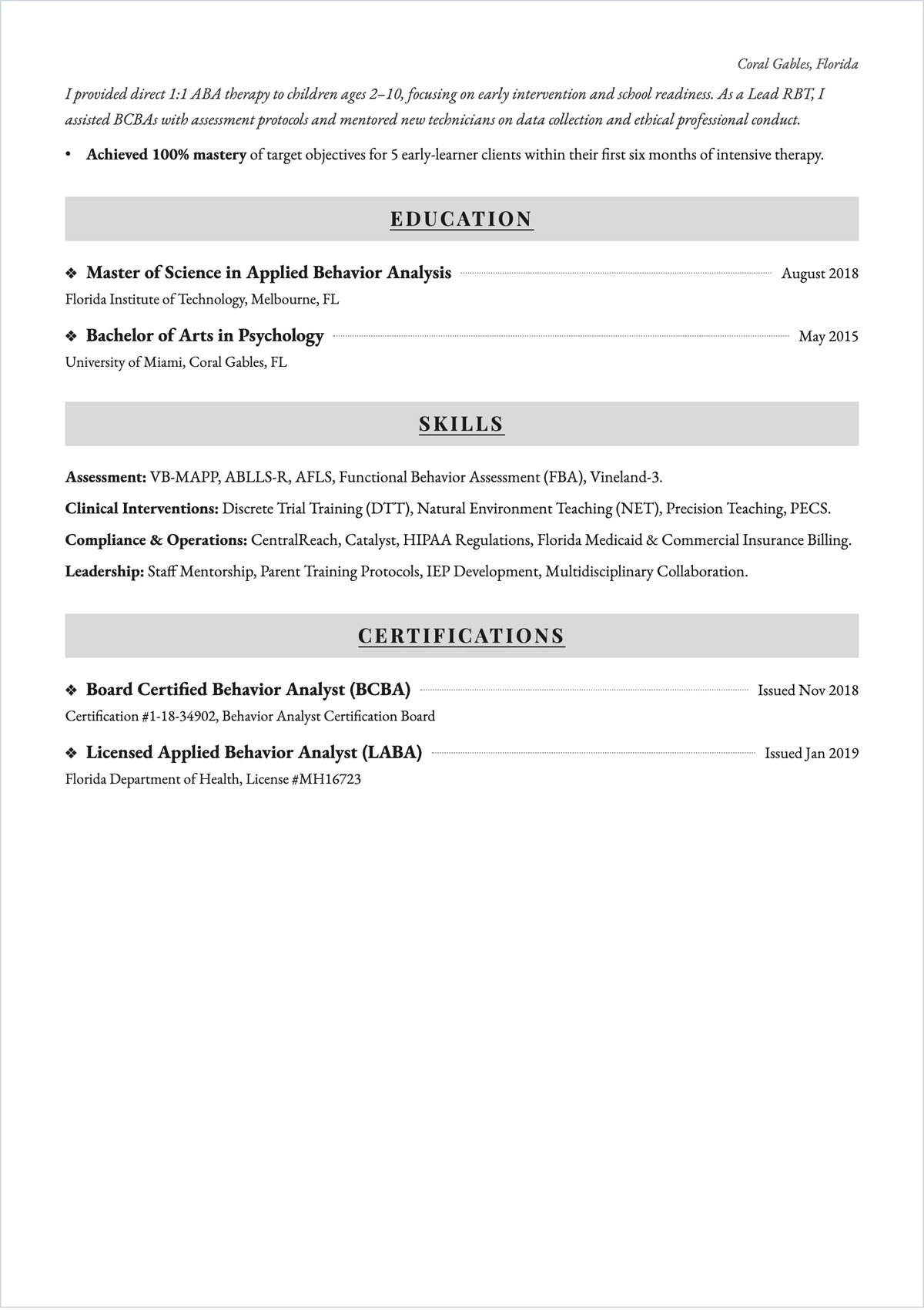 Free Autism Therapist ATS Resume Template, AI Resume Builder