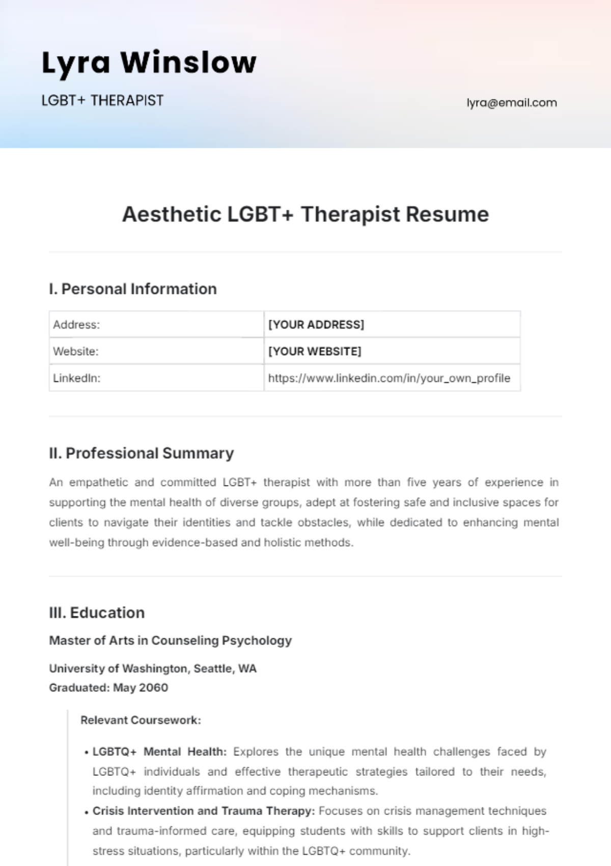 Aesthetic LGBT+ Therapist Resume Template - Edit Online & Download