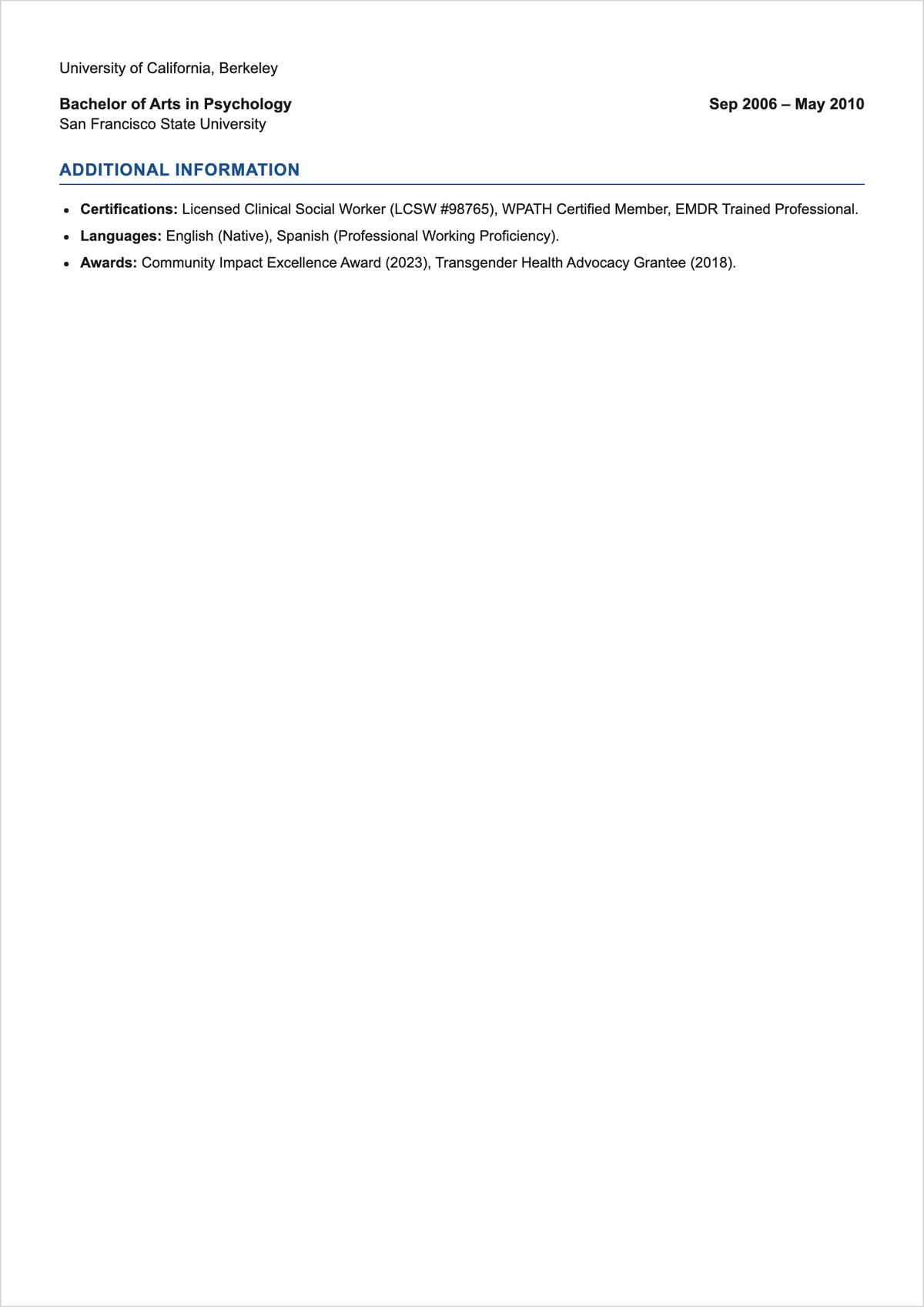 Free Aesthetic LGBT+ Therapist ATS Resume Template, AI Resume Builder