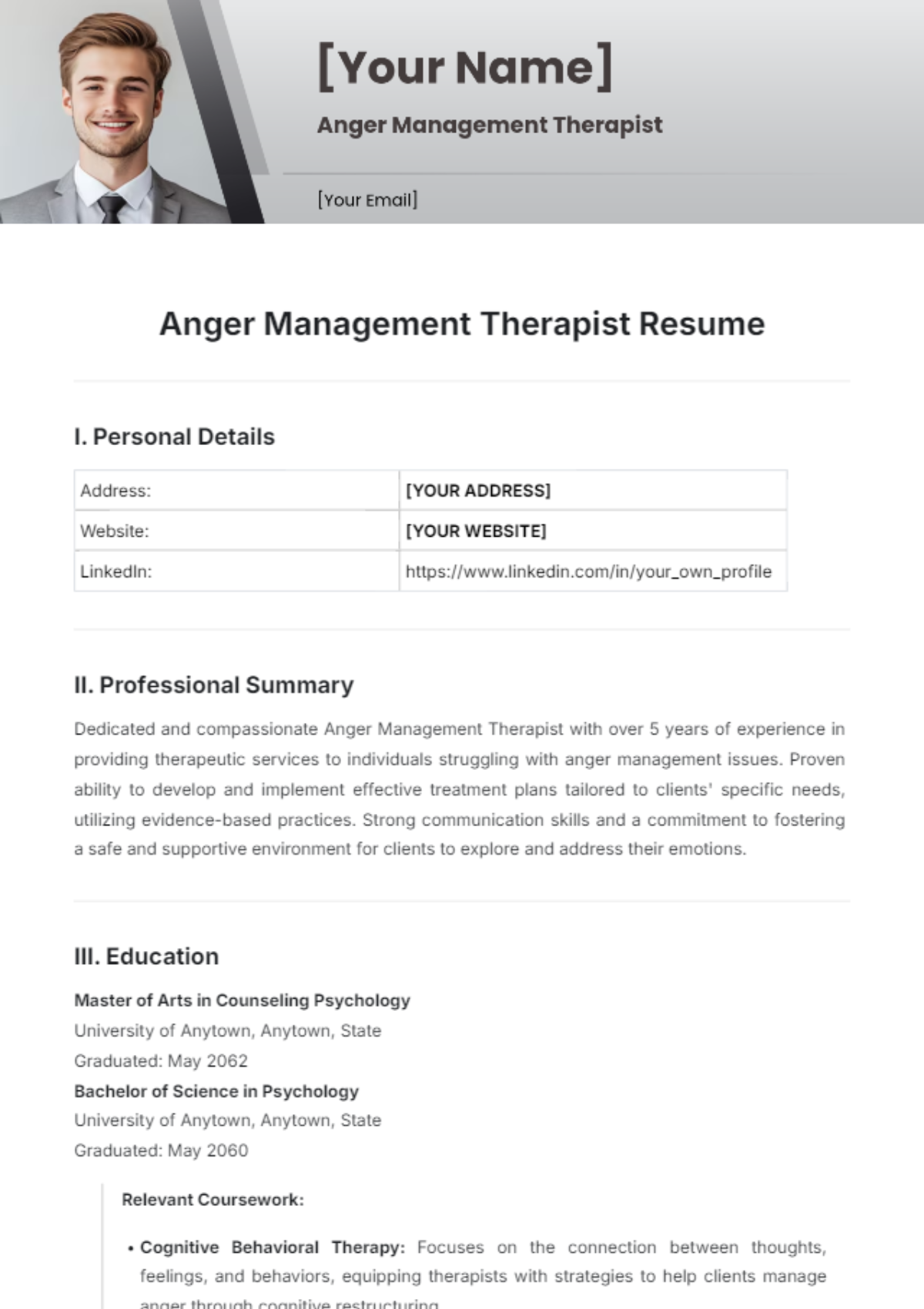 Anger Management Therapist Resume Template - Edit Online & Download