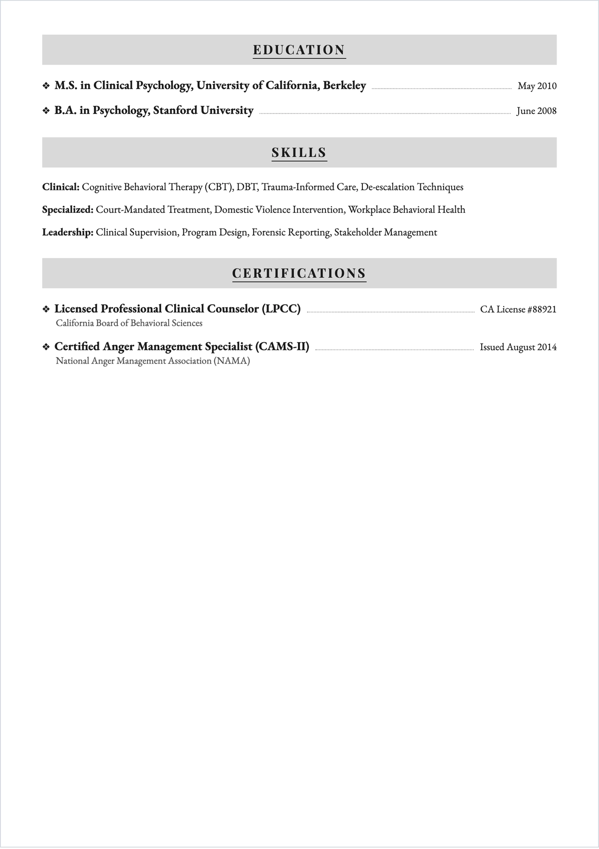 Free Anger Management Therapist ATS Resume Template, AI Resume Builder