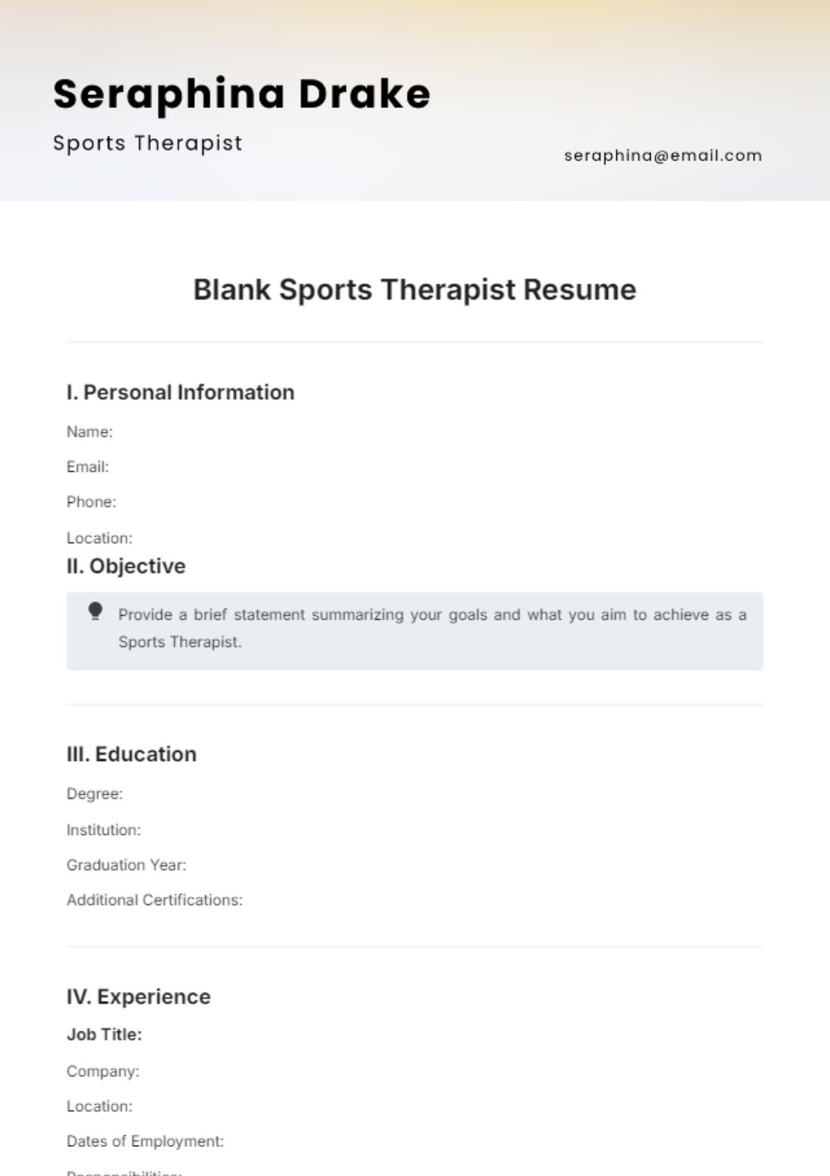 Blank Sports Therapist Resume Template - Edit Online & Download