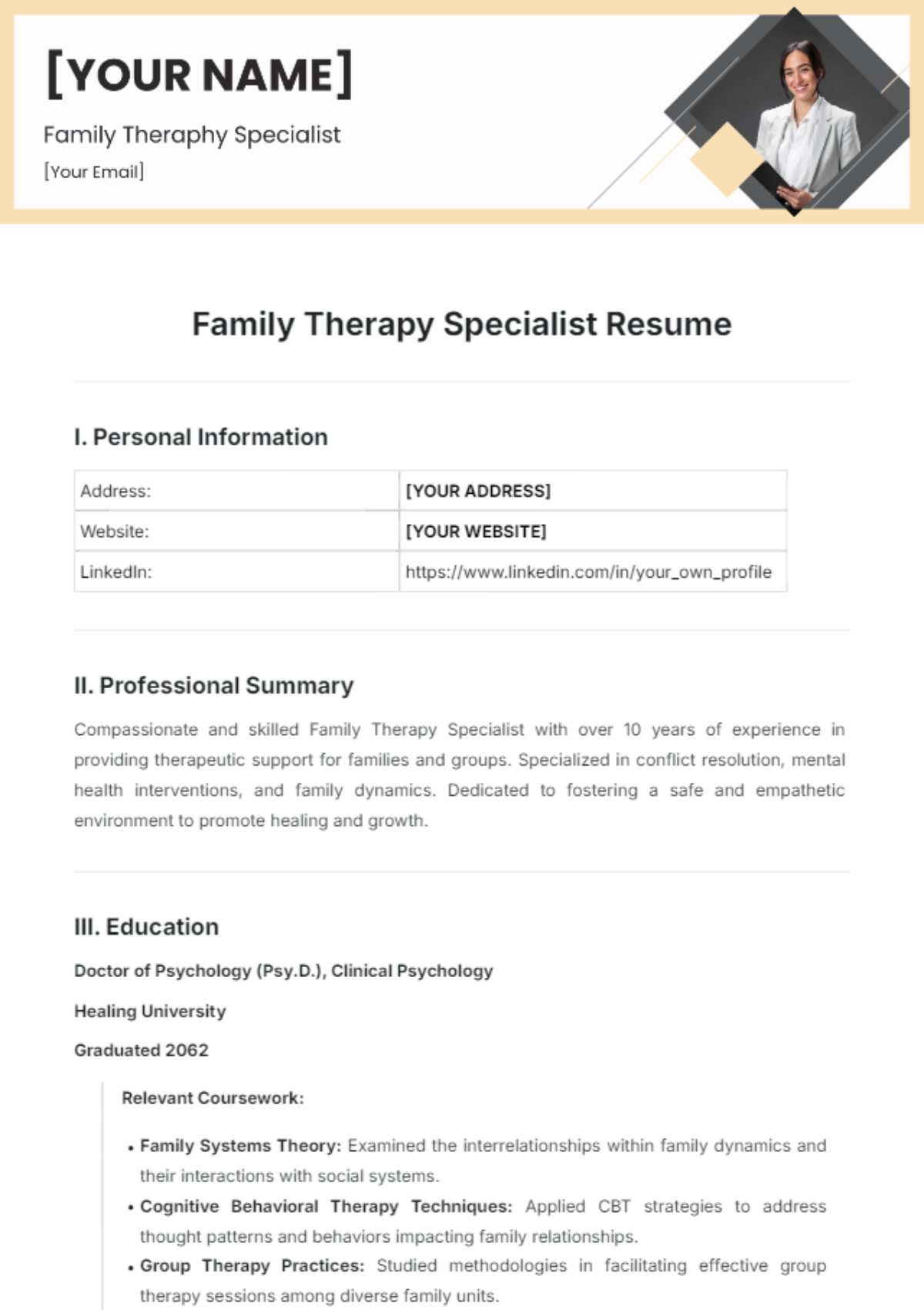 Family Therapy Specialist Resume Template - Edit Online & Download