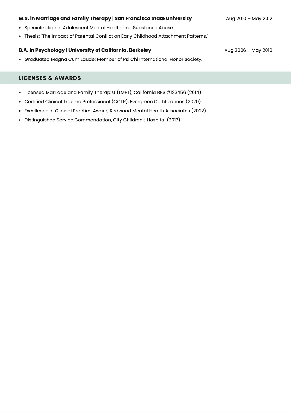 Free Family Therapy Specialist ATS Resume Template, AI Resume Builder