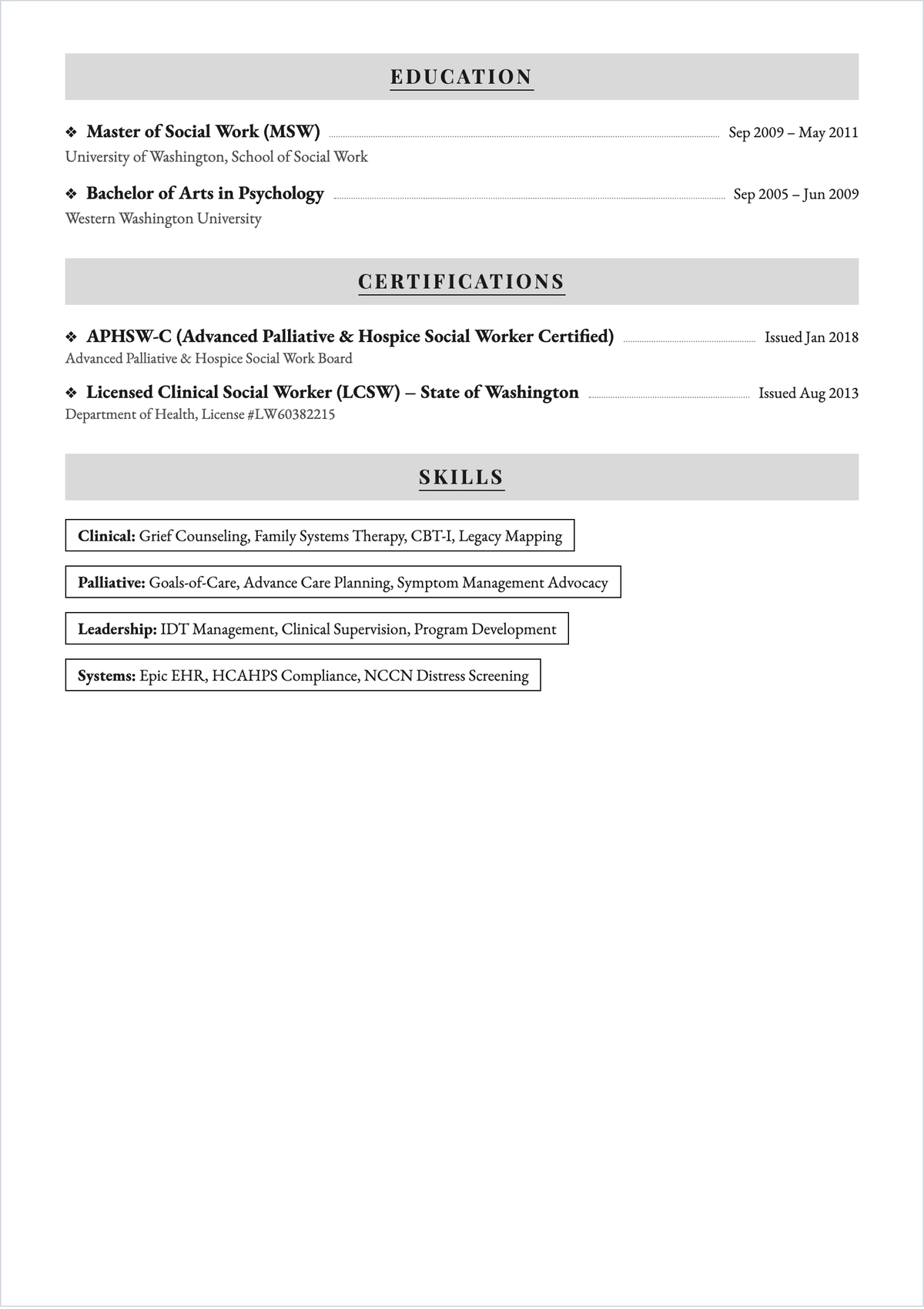 Free Palliative Care Therapist ATS Resume Template, AI Resume Builder