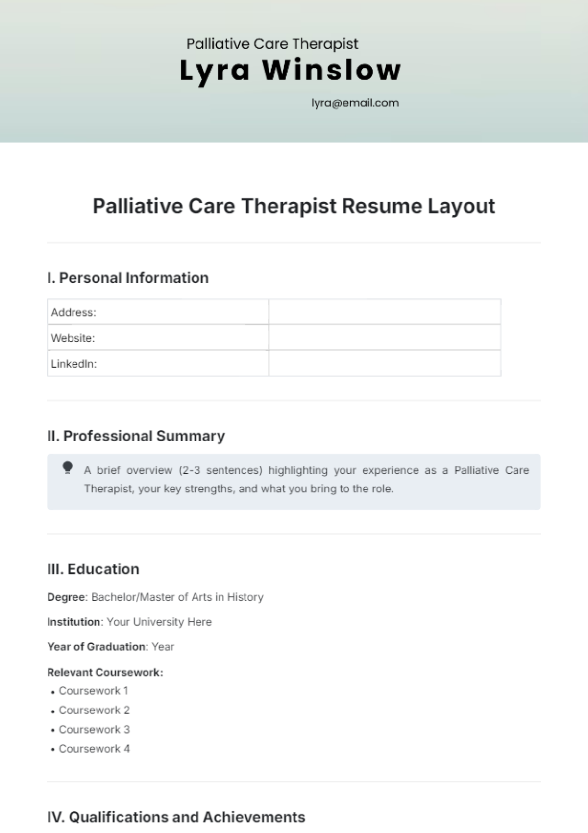 Palliative Care Therapist Resume Layout Template - Edit Online & Download