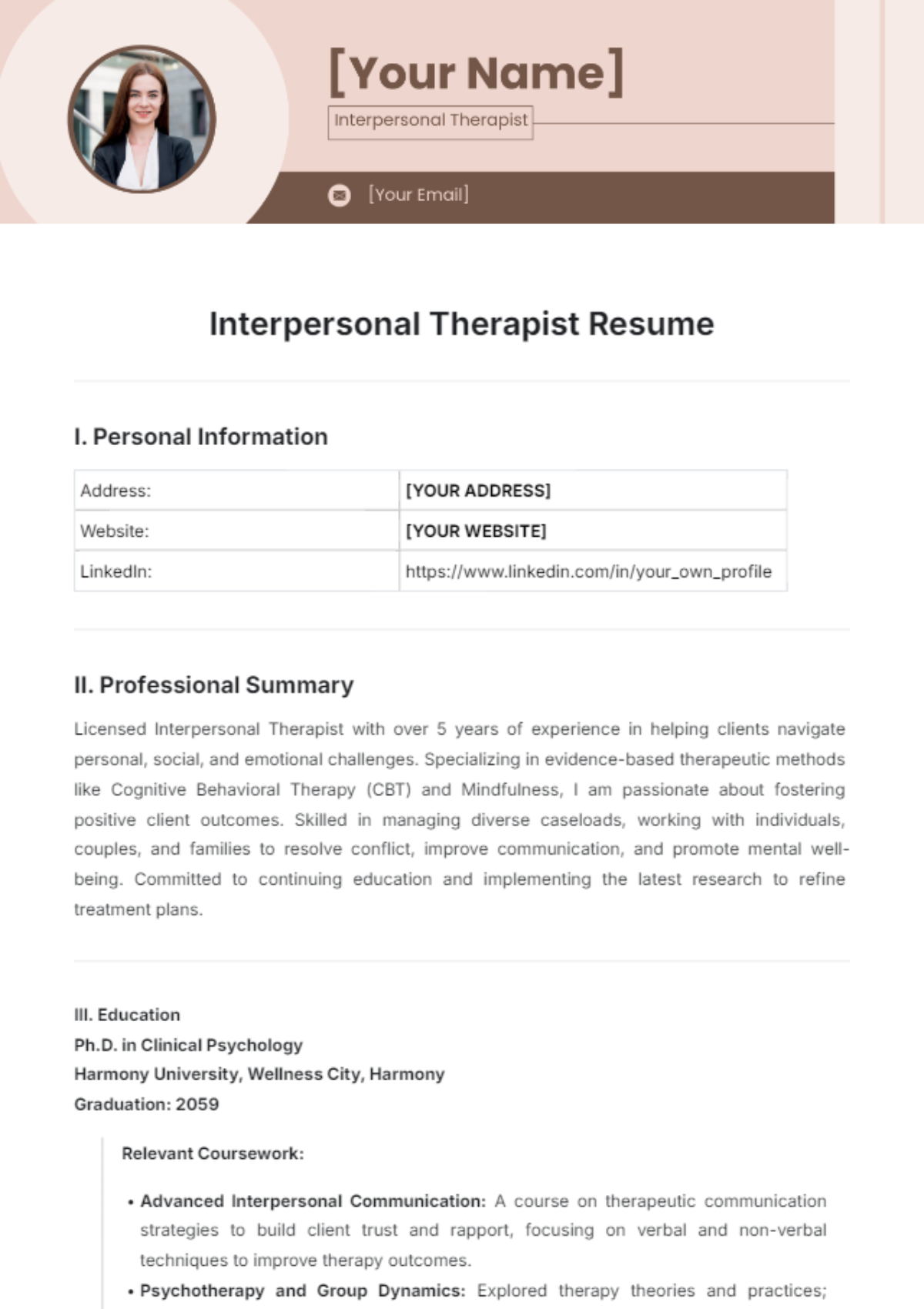 Interpersonal Therapist Resume Template - Edit Online & Download