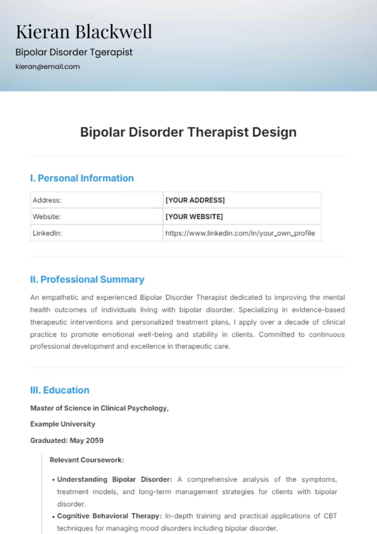 Bipolar Disorder Therapist Design Resume Template - Edit Online & Download