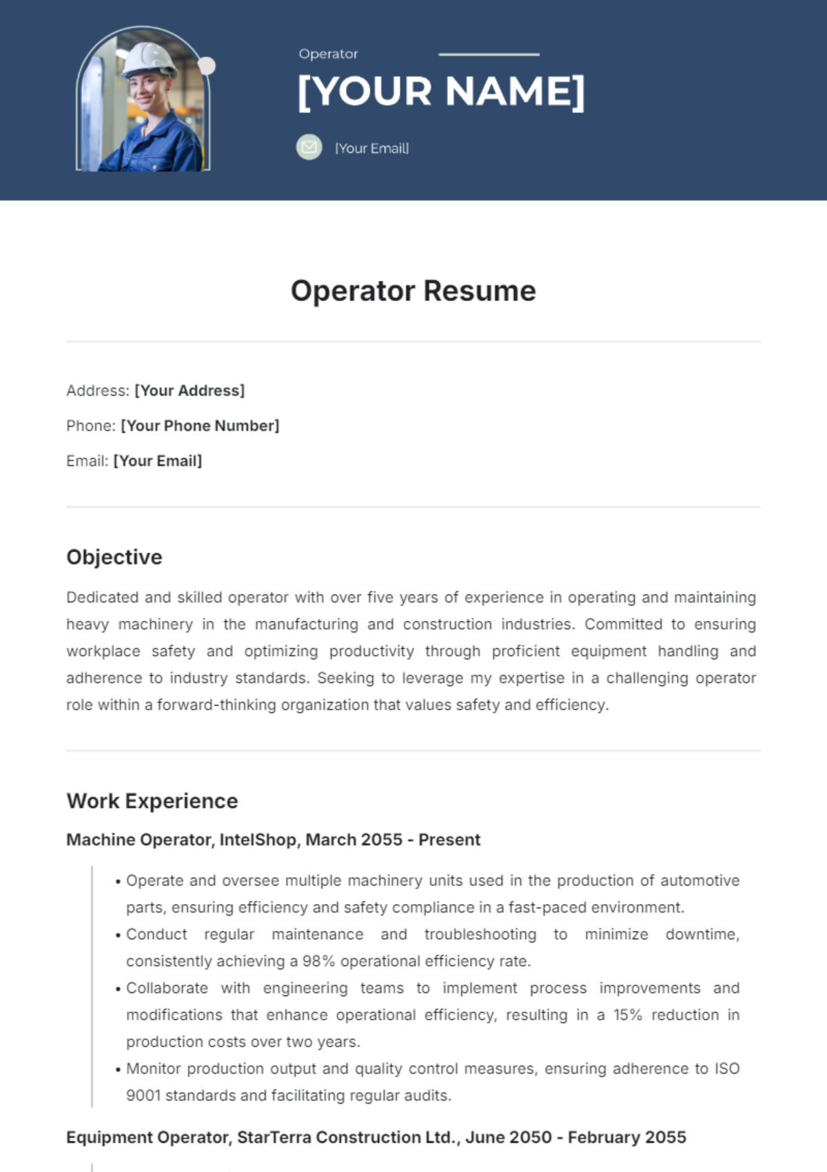 Operator Resume Template - Edit Online & Download