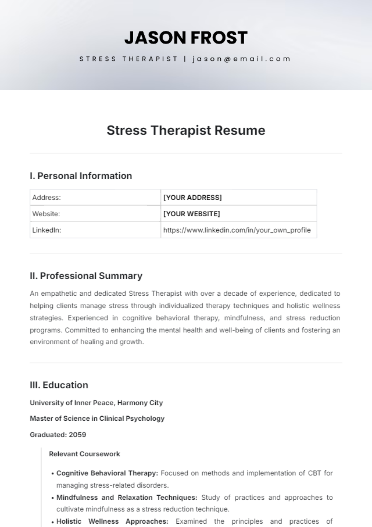 Stress Therapist Resume Template - Edit Online & Download