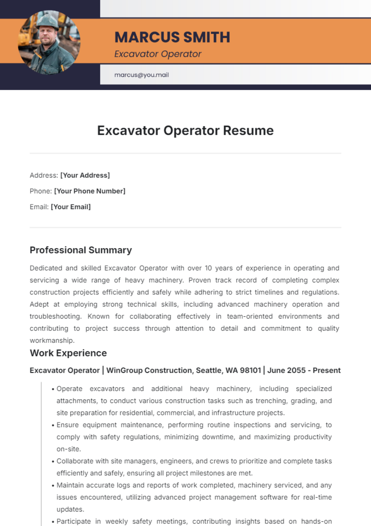 Excavator Operator Resume Template - Edit Online & Download