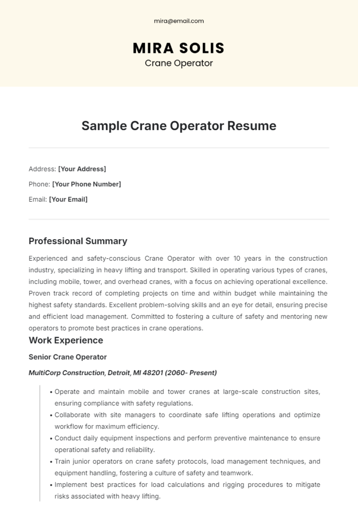 Sample Crane Operator Resume Template - Edit Online & Download