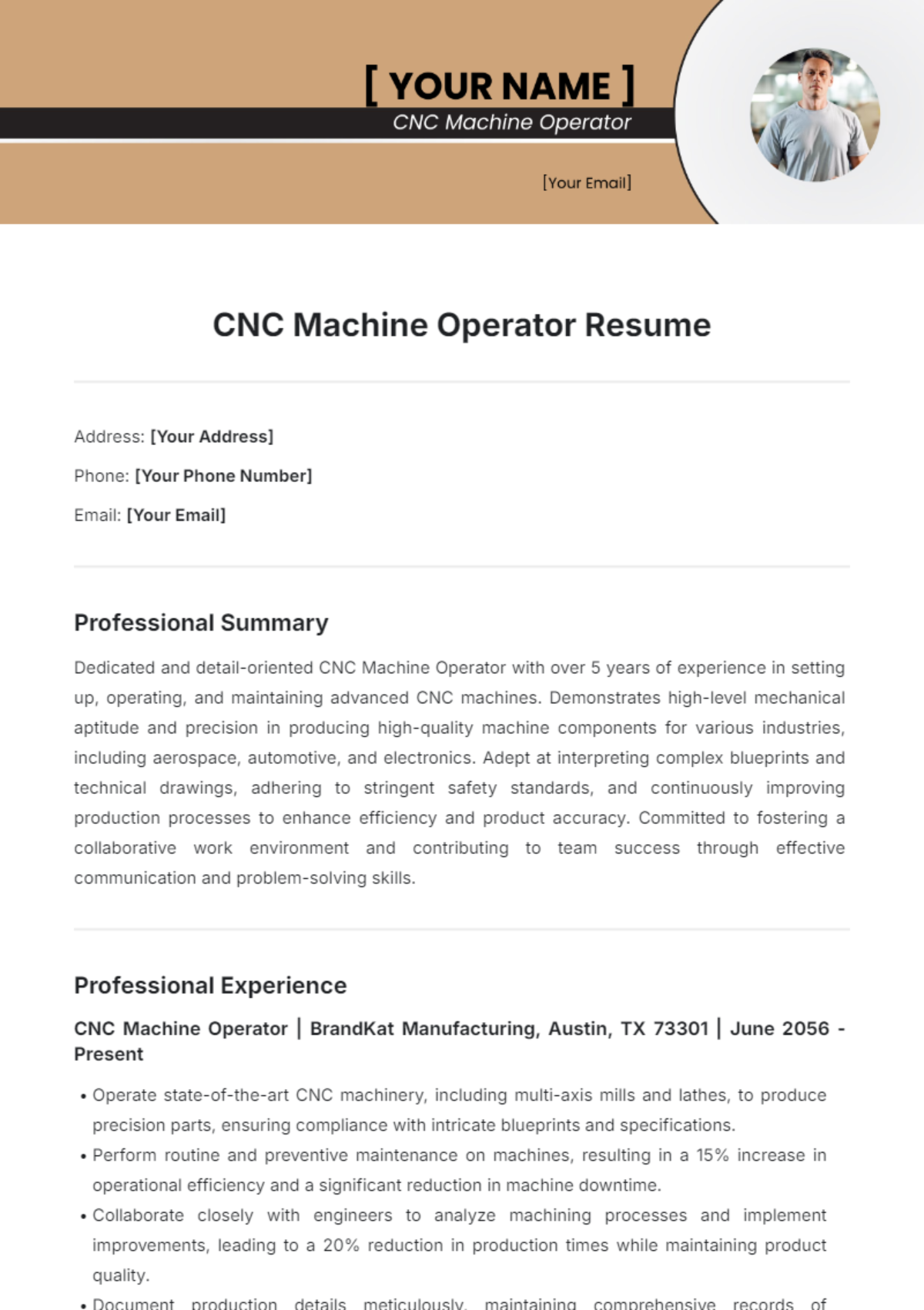 CNC Machine Operator Resume Template - Edit Online & Download