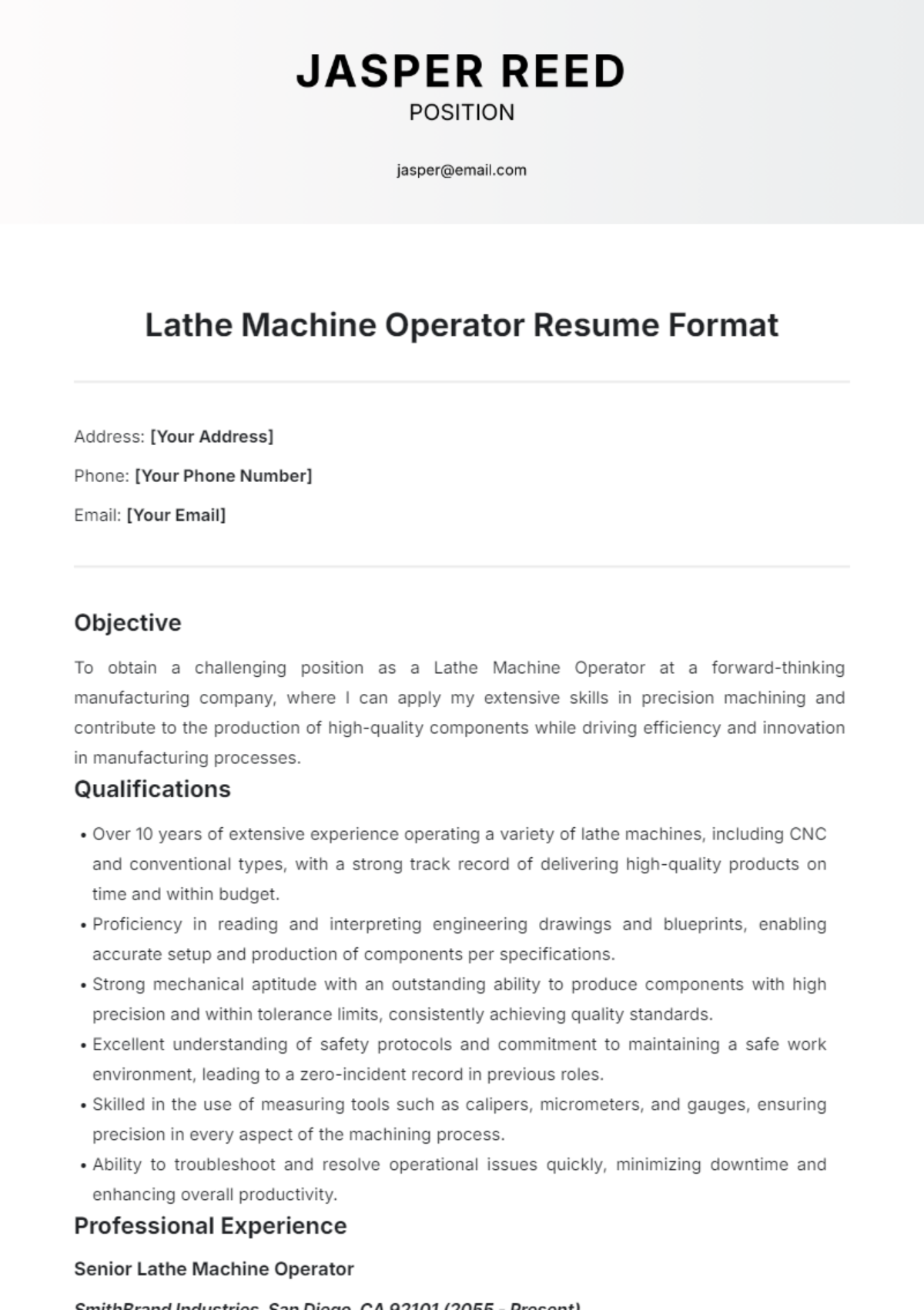 Lathe Machine Operator Resume Format Template - Edit Online & Download