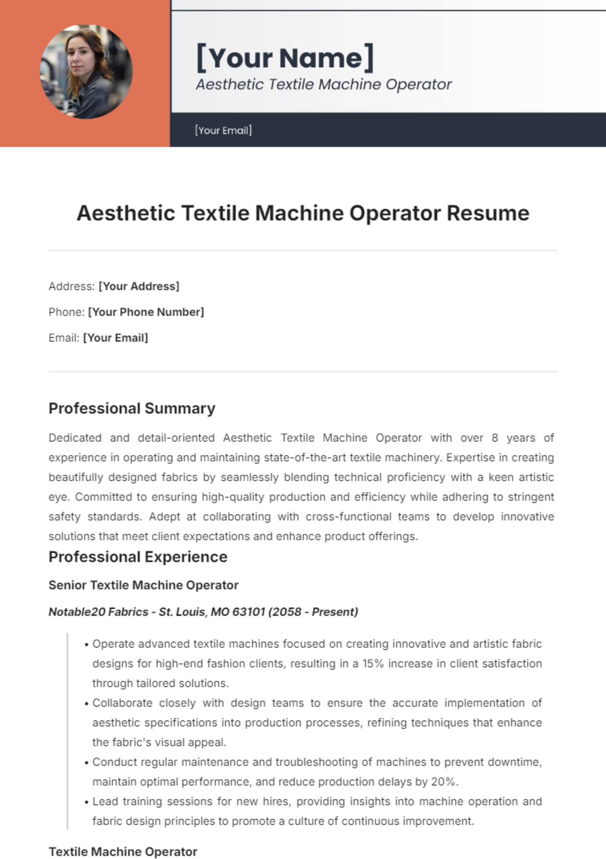 Aesthetic Textile Machine Operator Resume Template - Edit Online & Download