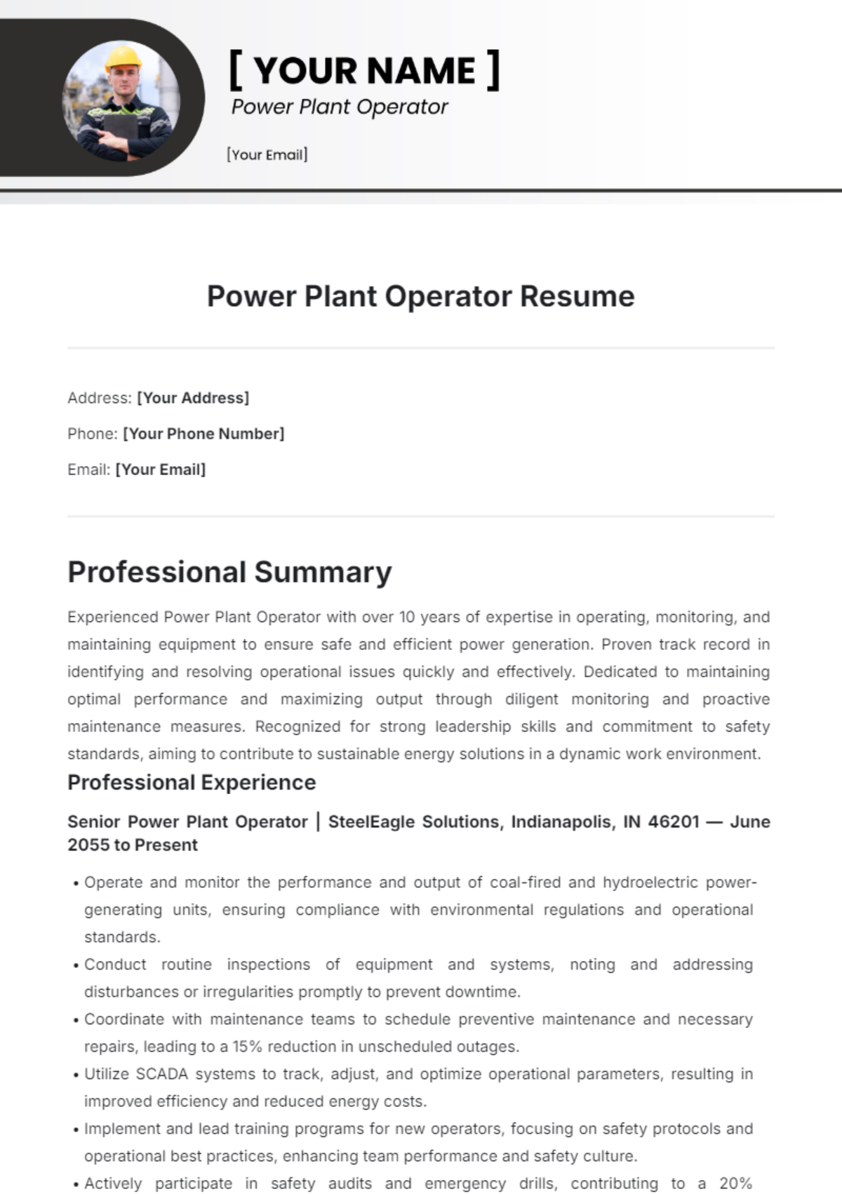 Power Plant Operator Resume Template - Edit Online & Download