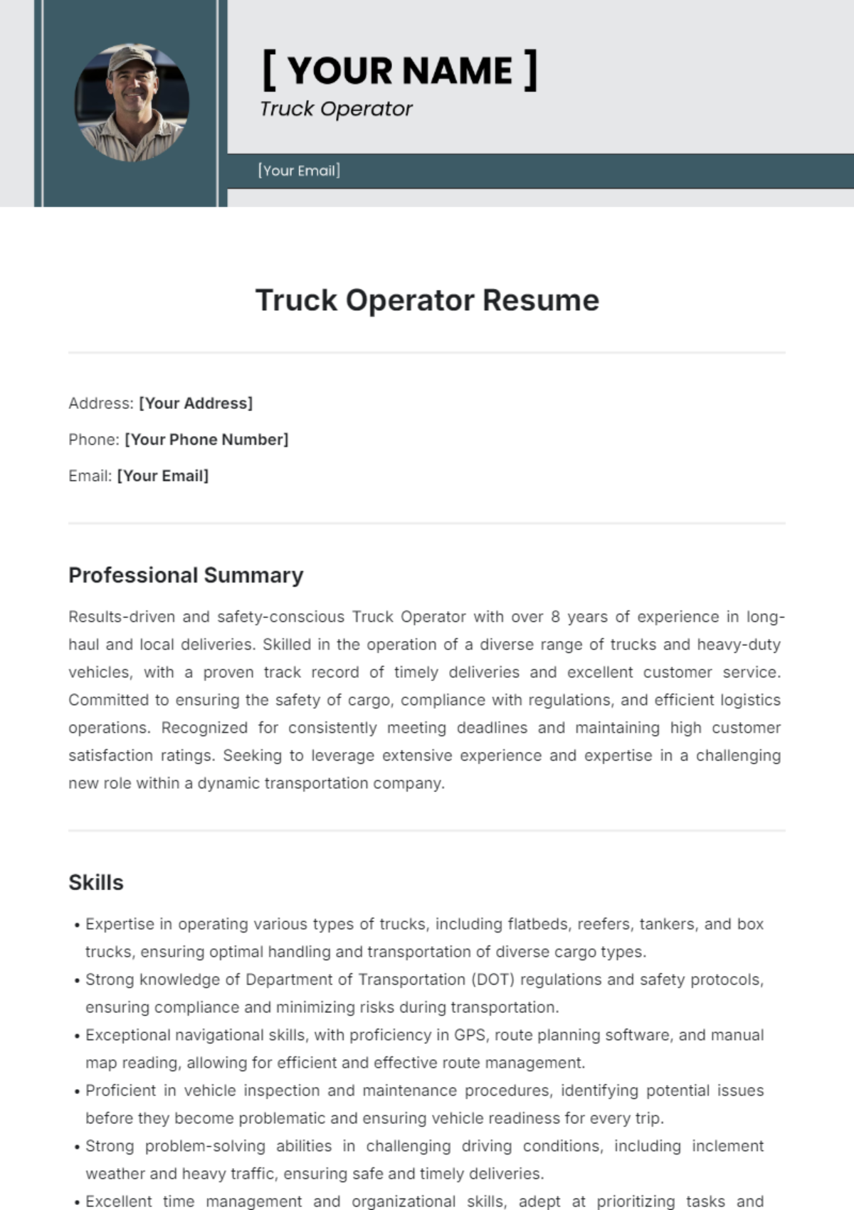 Truck Operator Resume Template - Edit Online & Download