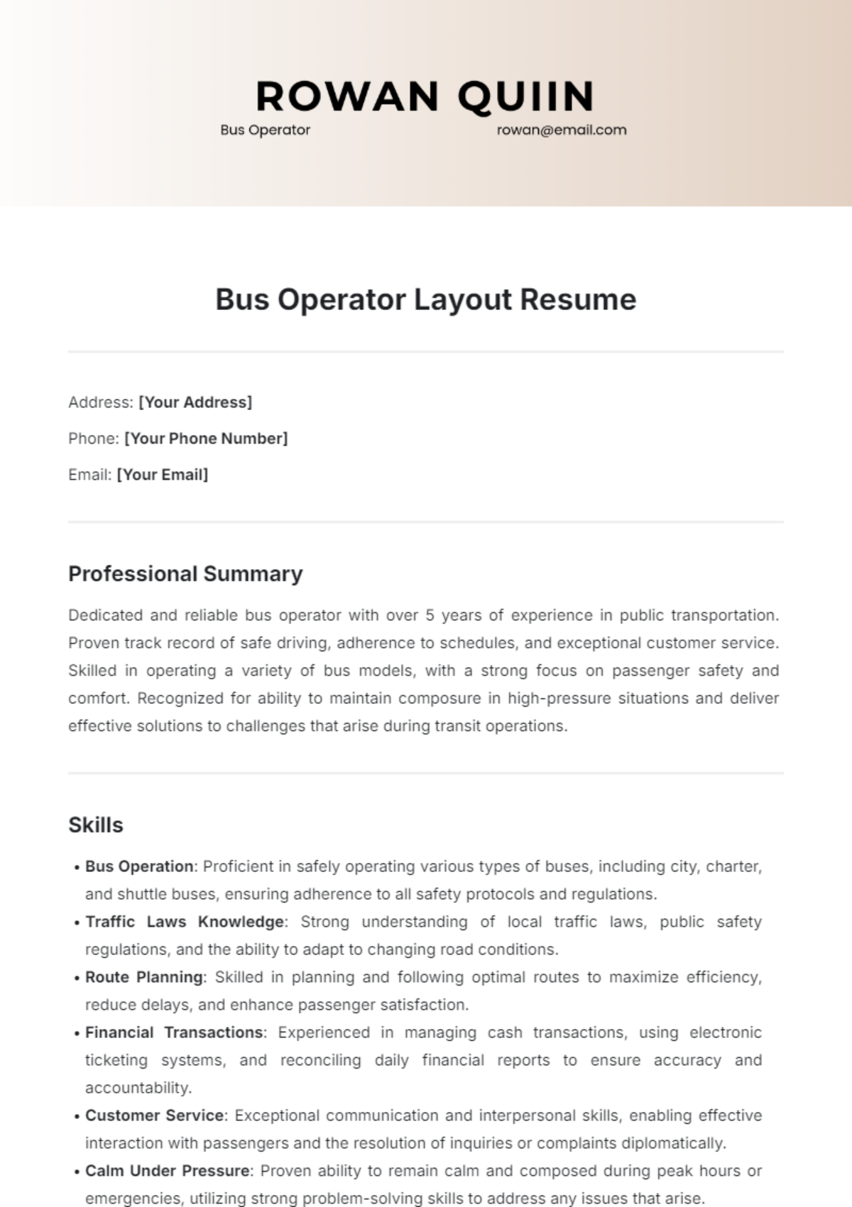 Bus Operator Layout Resume Template - Edit Online & Download